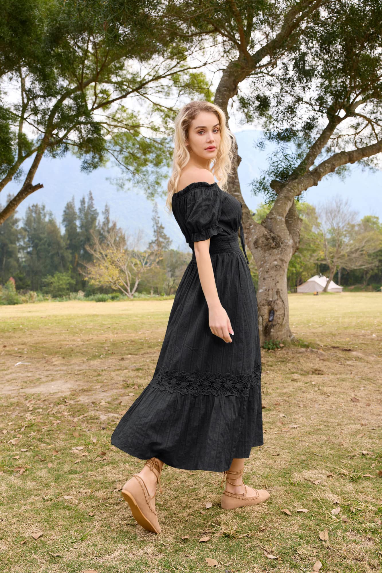 SCARLET DARKNESS Damen Renaissance Kleider Schulterfrei Puffärmel Gesmokte Taille Baumwollkleid