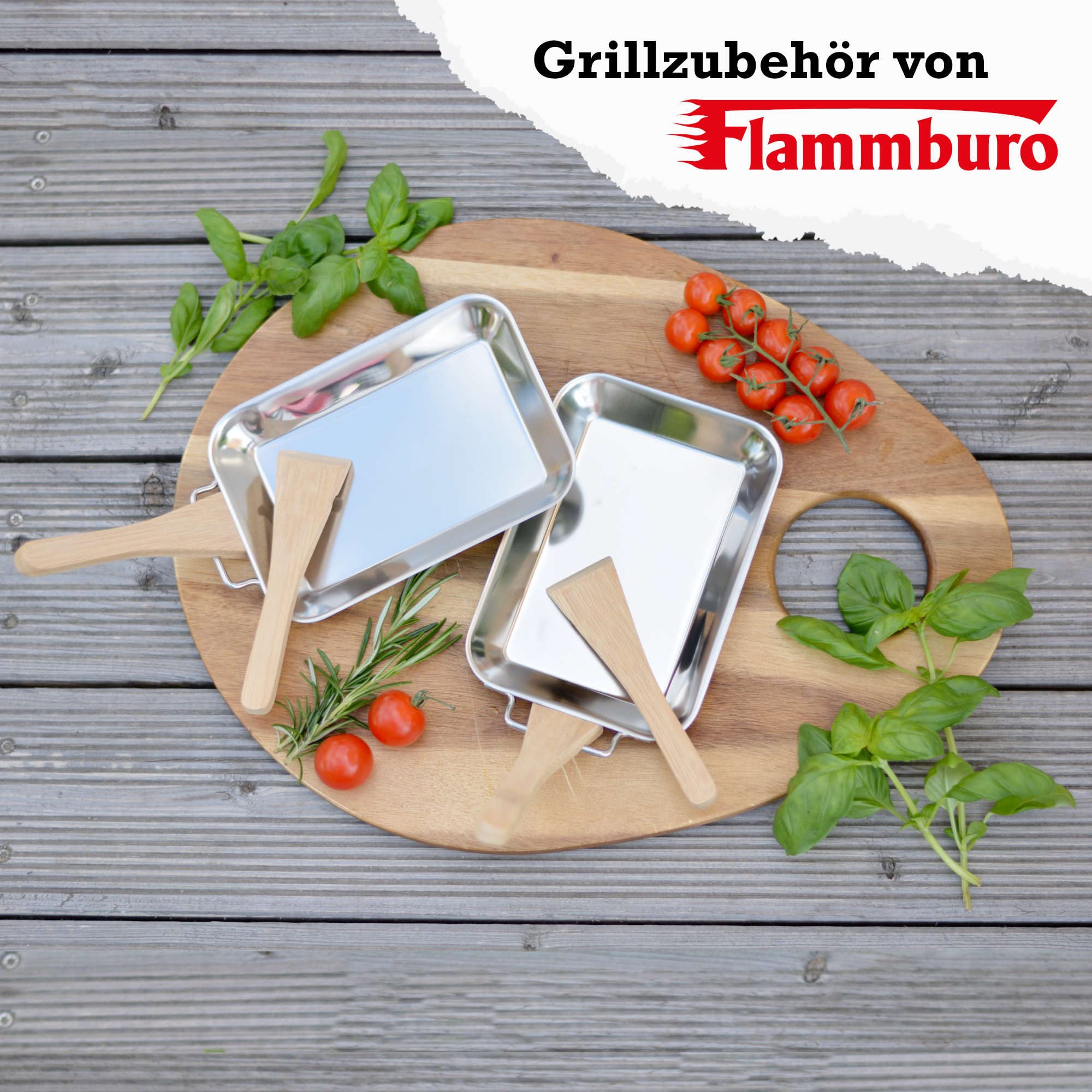 FLAMMBURO Grillpfännchen 2er Set - Zwei Pfännchen aus Edelstahl zum indirekten Grillen und Vier Schaber aus Bambus. Die Schaber können auch als Griff eingesetzt Werden. – Für kleines Grillgut