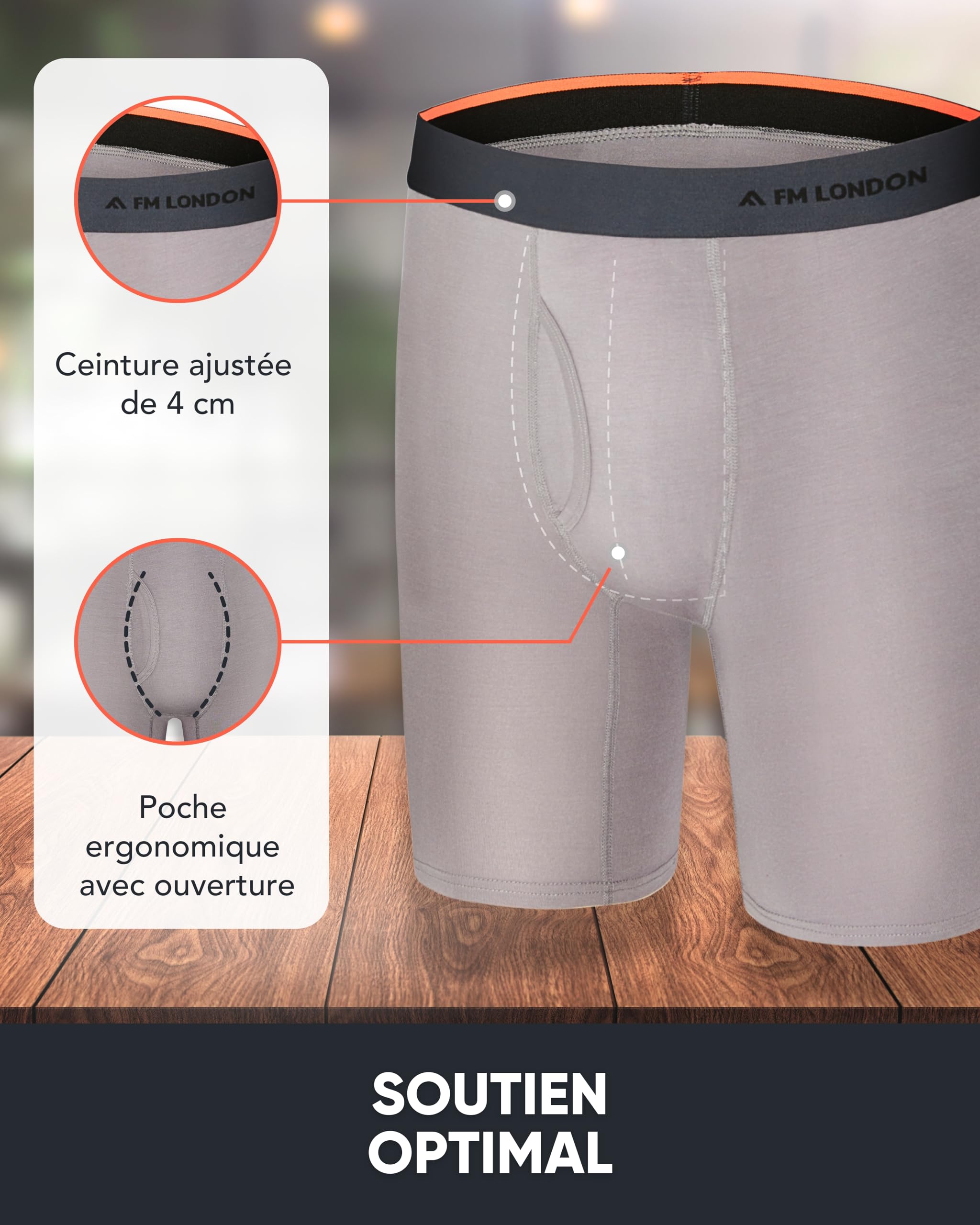 FM London Boxer en Bambou pour Homme, Boxer Long pour Homme en Bambou Ultra Doux, Antifrottements et Évacuant la Transpiration, avec Ouverture, Lot de 4