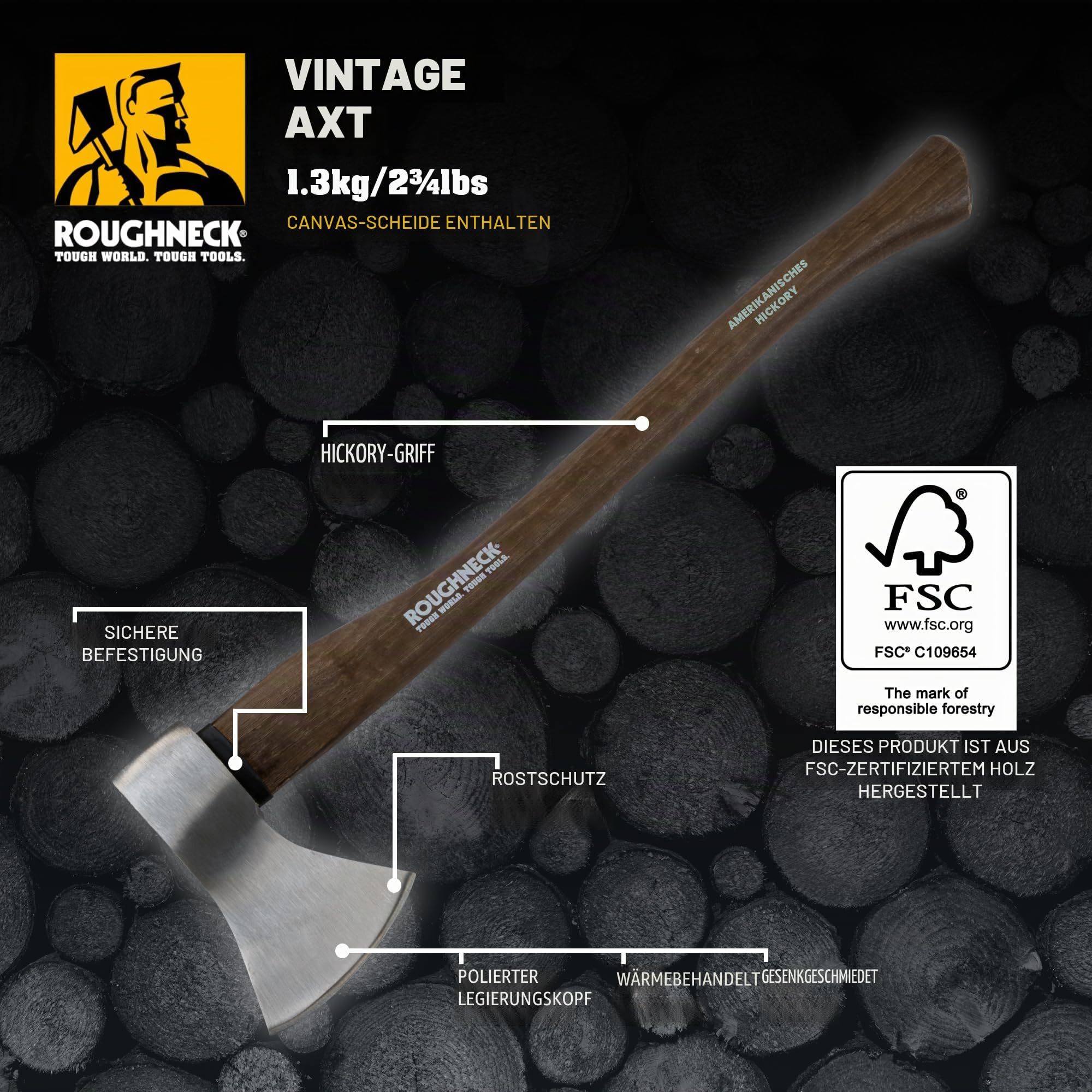 Roughneck ROU65673 Axt mit traditionellem Hickory-Stiel, gesenkgeschmiedet, wärmebehandelter Stahl mit schützender Segeltuchscheide – 1,25 kg (2¾lbs)