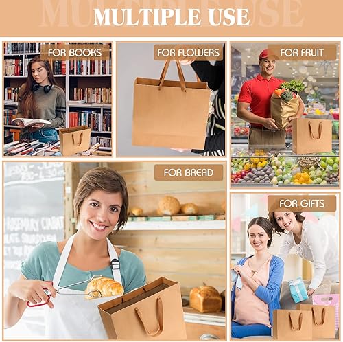 Miniatura 4 de PerKoop Paquete de 40 bolsas de papel kraft marrón con mango de estraza de 4 tamaños, bolsas de papel kraft con asas de tela, bolsas de envoltura de