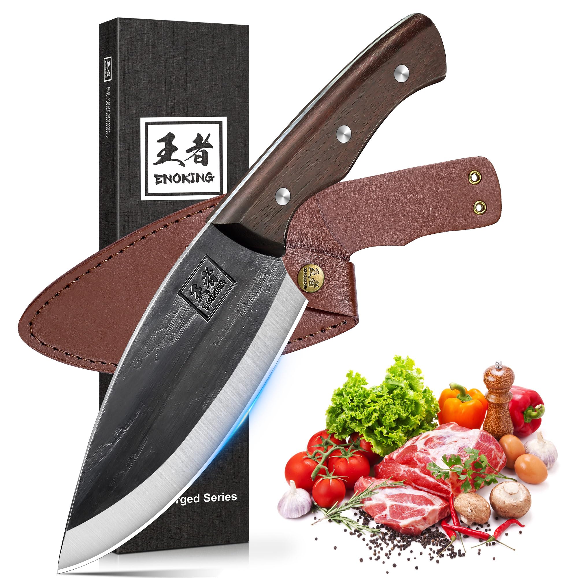 5.9" Viking Knife for Meat Cutting, Handmade Chef Knife with Full Tang Wood Handle & Leather Sheath, Heavy-Duty Boning Butcher Knife for Camping, BBQ, Kitchen, Outdoor Cooking