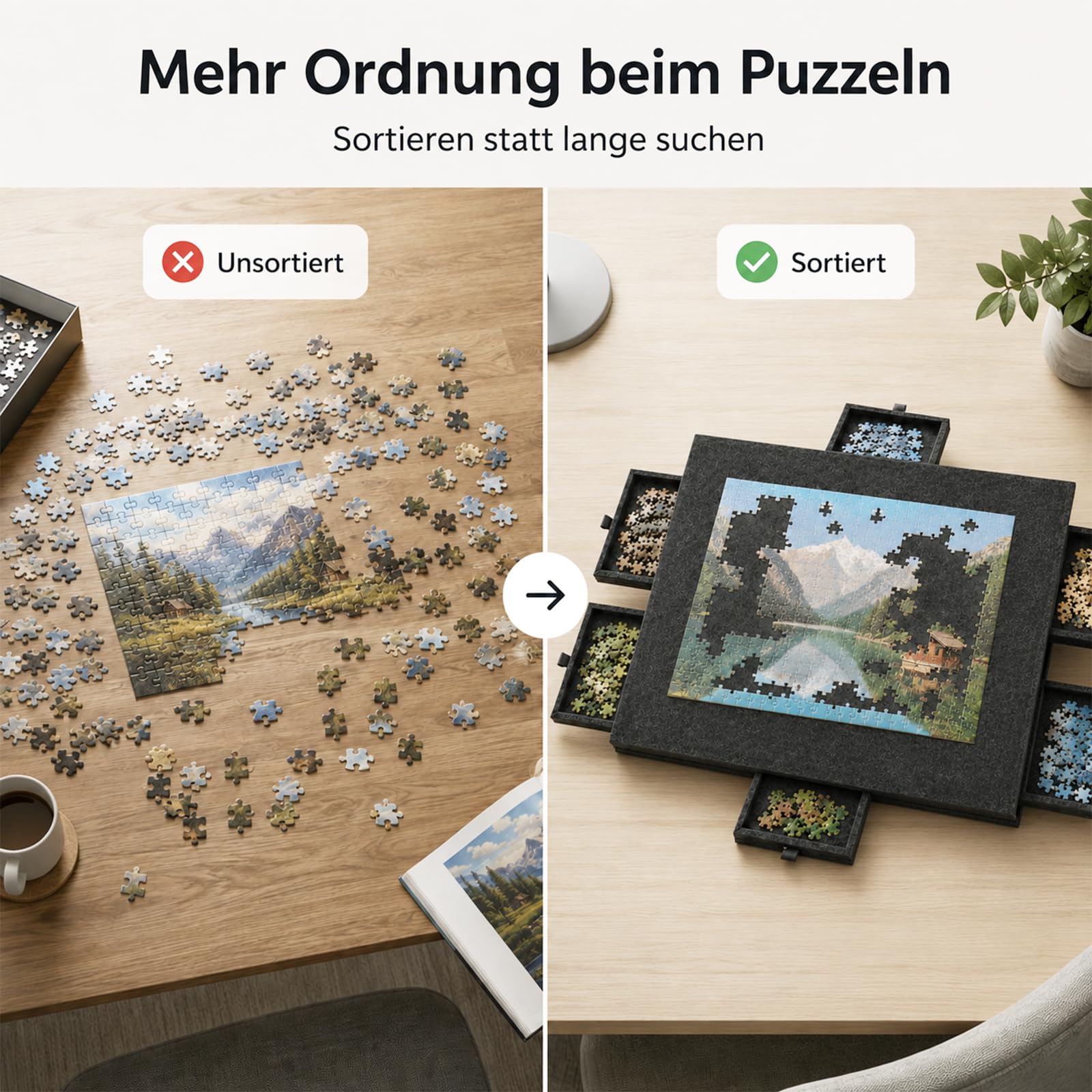 Filz Puzzlebrett Mit 6 Schubladen mit 2-in-1-Ständer und Abdeckung, Faltbarer Puzzletisch für Erwachsene, Tragbare Puzzlebrett für Puzzle bis 1000(Modell mit Schubladen Schwarz)