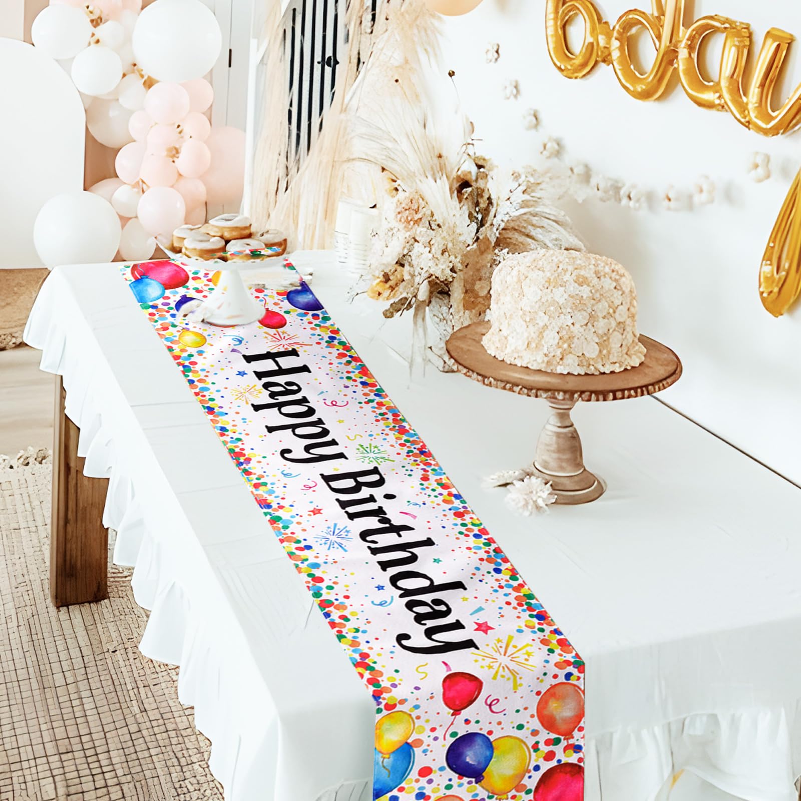 Geburtstag Tischläufer 180x35cm - Weiße Tischdeko Mit Konfetti Design