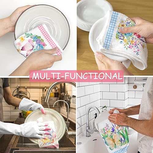Miniatura 4 de Juego de 4 paños de cocina con diseño de mariposa de primavera, tulipanes, hortensias, flores, toallas de mano, paños de secado absorbentes, paños