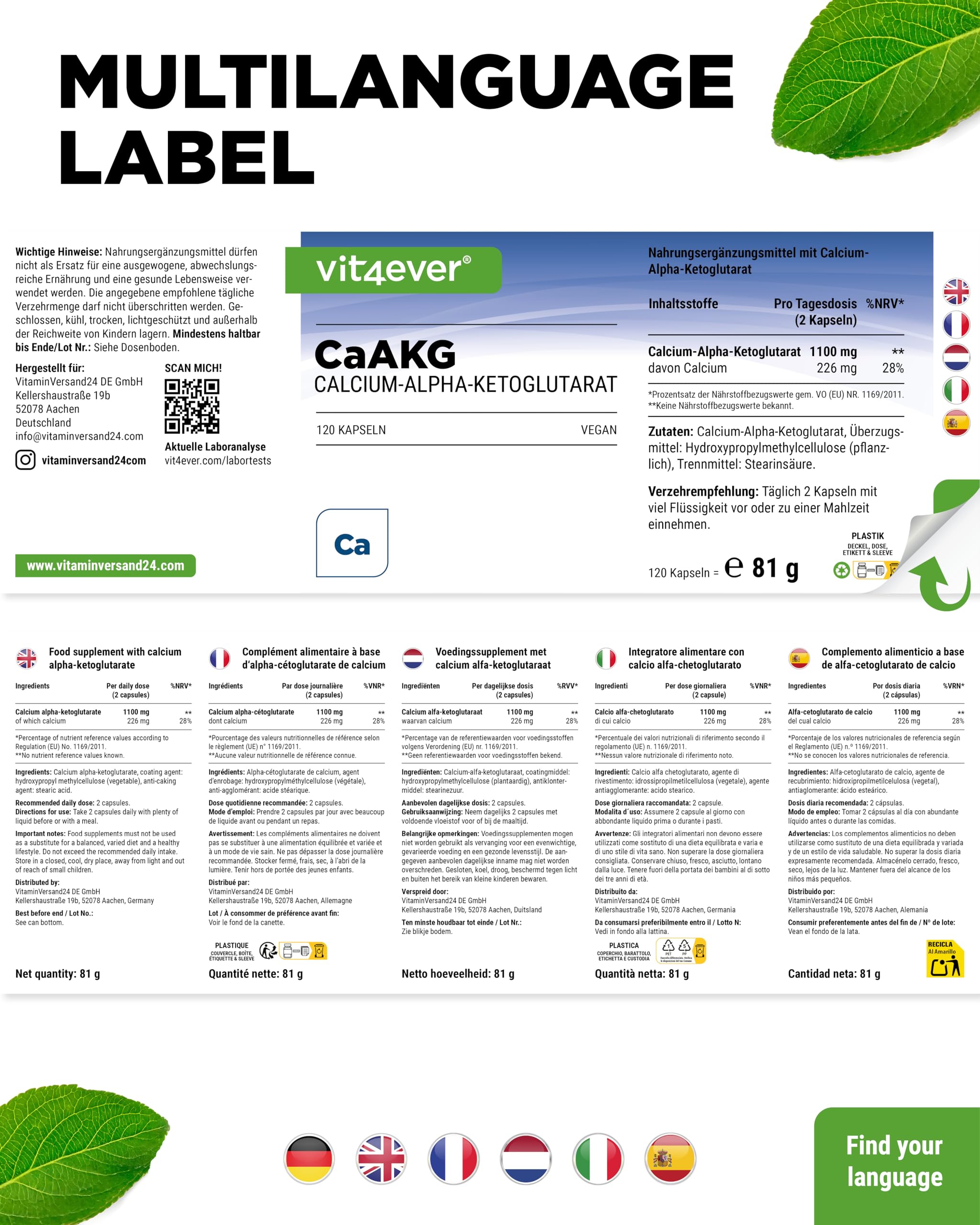vit4ever CaAKG - 120 Kapseln - 1100 mg - hochdosiert - 1100 mg Tagesdosis | Reines Calcium-Alpha-Ketoglutarat, 60 Tage Vorrat, ohne unnötige Zusätze, vegan