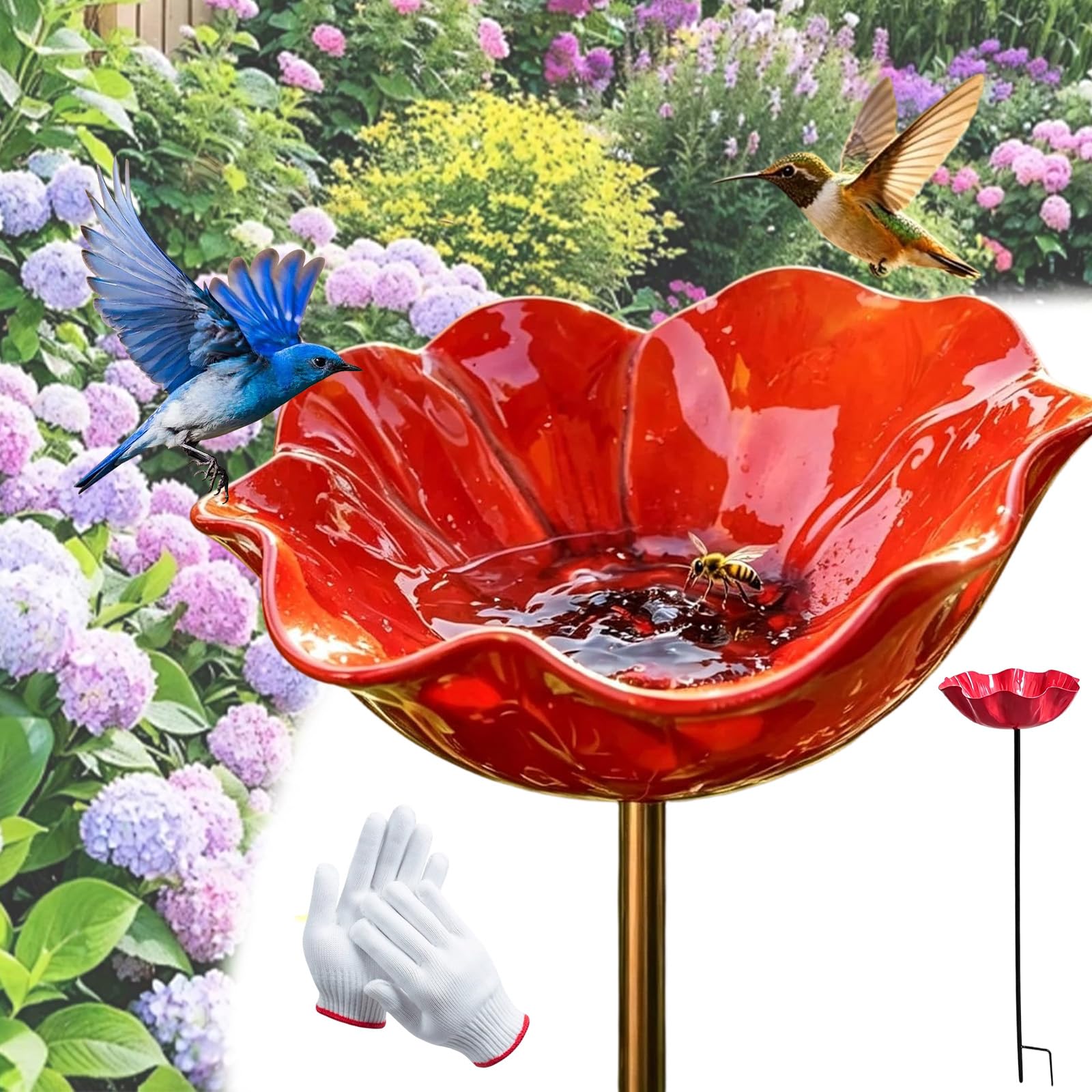 2026 Handmade Metal Flower Garden Stake, Upgraded Metal Flower Garden Stake Bird Feeder With Auxiliary Ground Spike, Metals Flowers For Garden For Yard Lawn Decor (3, Red)