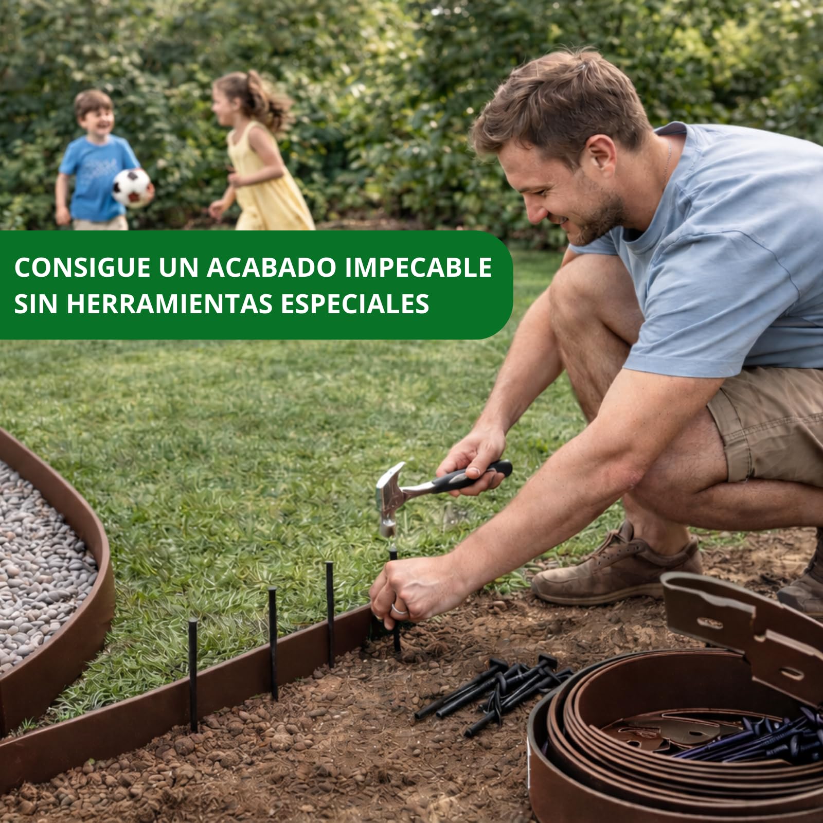 PLANTAWA Borde para Césped Artificial Marrón 10m, 30 piquetas | Delimitación y Fijación del Perímetro, Contención de Materiales y Acabado Profesional | Flexible, Discreto y Resistente para Jardín