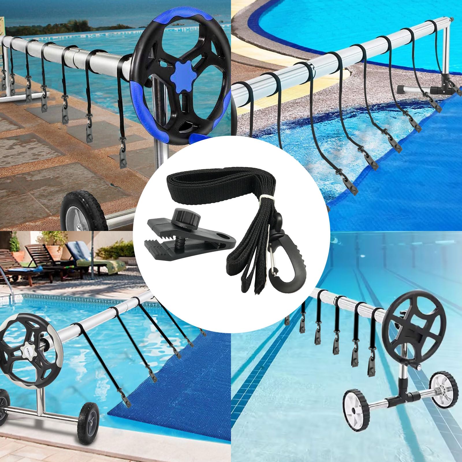 Lot De 8 Sangles De Serrage Pour Bâche Piscine - Longueur 164 Cm, Réglables, Avec Crochets Et Clips, Nylon Résistant - 4