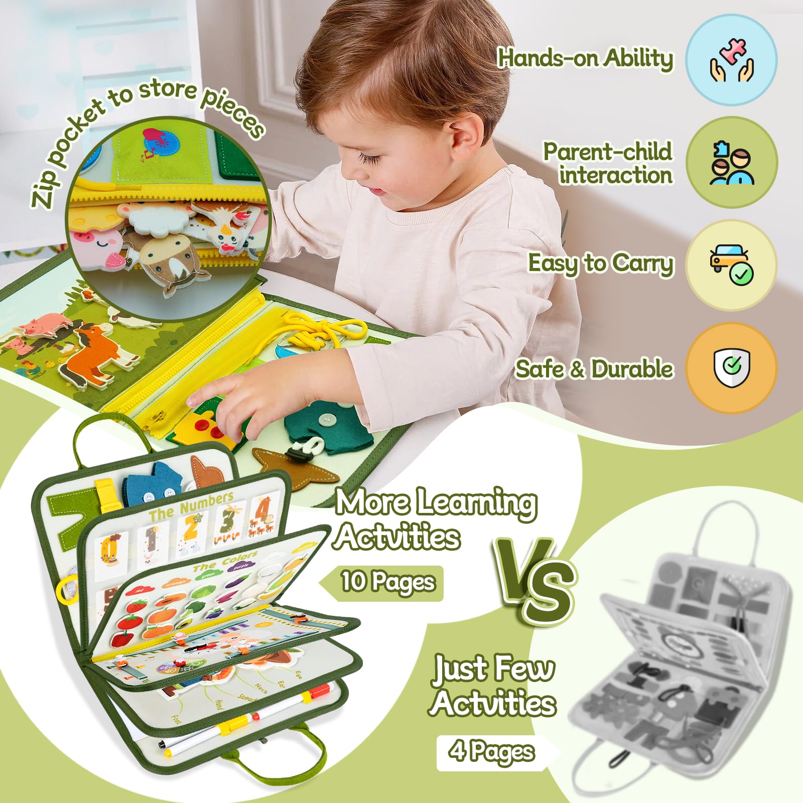 Inglés Busy Board Juguetes Montessori 2 3 4 Años, 10 en 1 Sensorial Montessori Juguetes Motoras Finas, Juegos Educativos de Aprendizaje Regalos Niños Niñas Cumpleaños Navidad