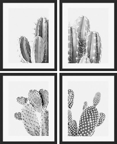 SIGNWIN Arte de pared enmarcado de cactus tropical del desierto del suroeste de Saguaro en blanco y negro, juego de 4 impresiones florales botánicas