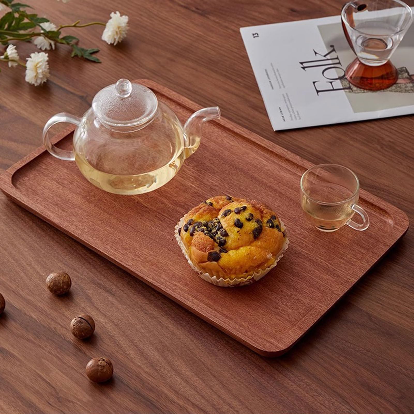 HUHJYUGE Bandeja de Madera, Bandeja de Cocina, Bandejas para Servir Comida, Bandeja Madera Decorativa Rectangular/Redonda, Bandeja para Desayuno, Té, Mesa de Café (Rectangular/40x25x2cm)