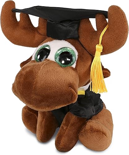 DolliBu Sparkle Eyes Alce - Peluche de graduación de alce, vestido de peluche de graduación súper suave y gorra con traje de borla con