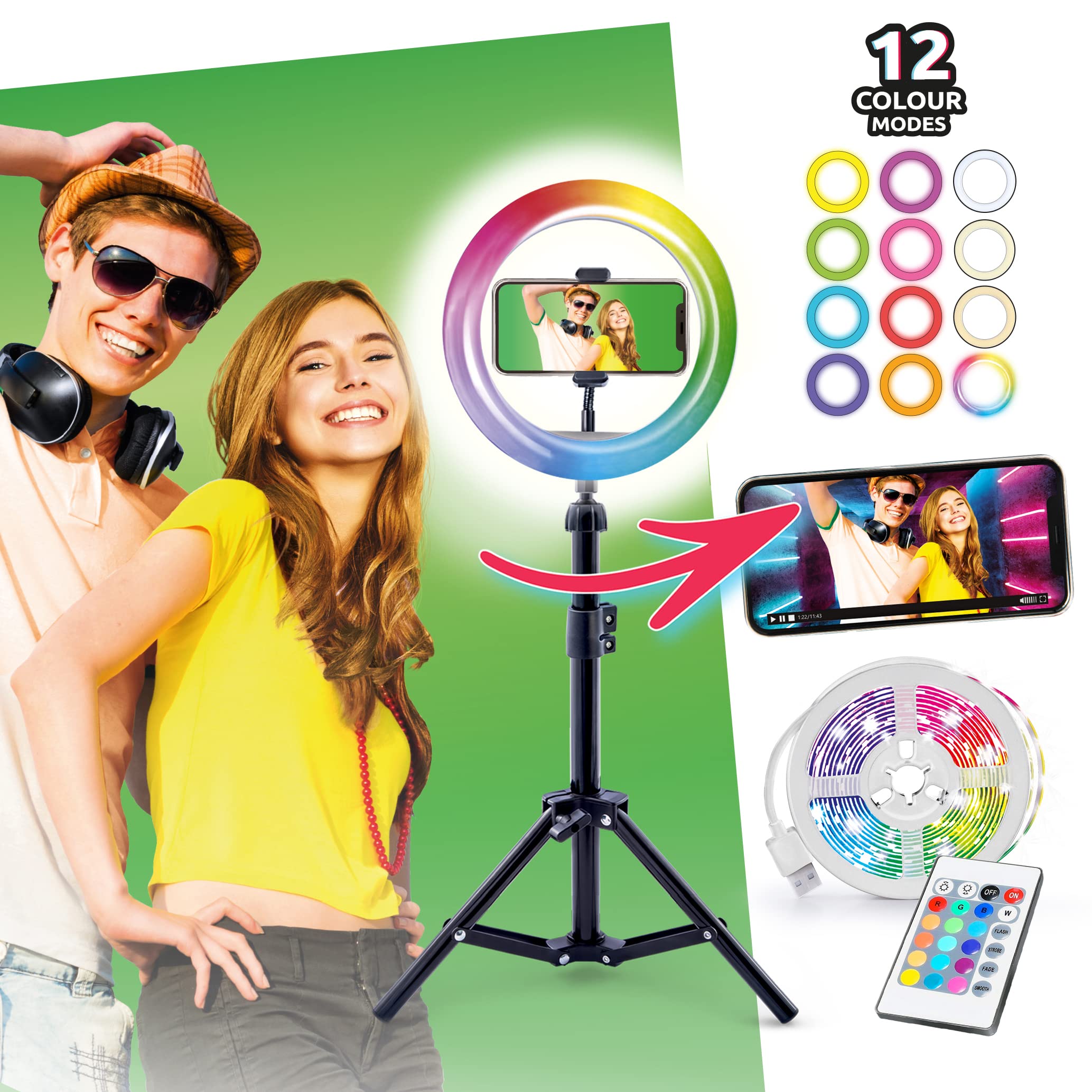 Kit de Video LED Deluxe, Tira de luz LED de 5 m, Anillo de luz LED + trípode, Pantalla Verde XL, TikTok/Youtube/influencers. para Mayores de 8 años