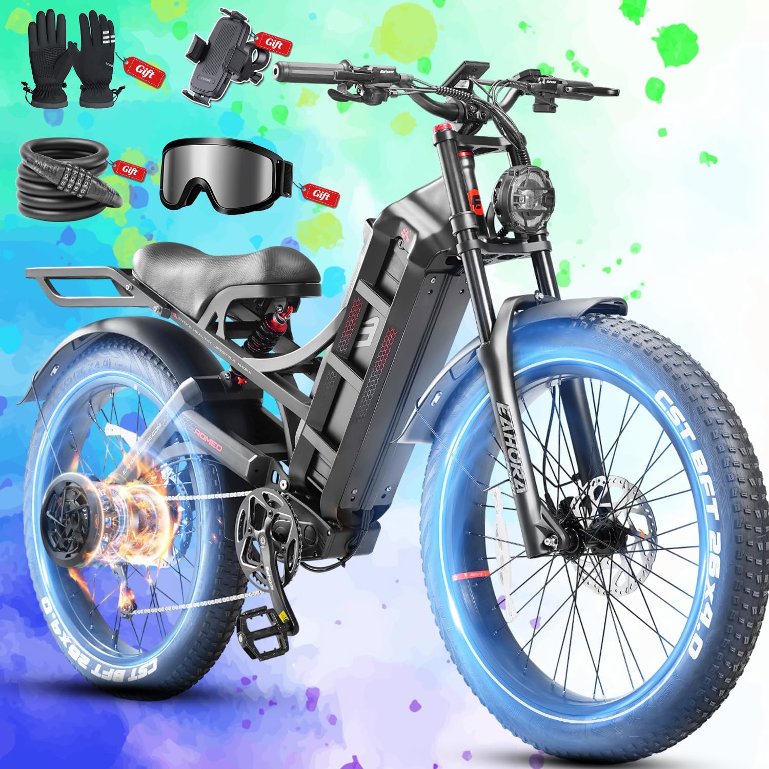 eAhora Ebike 2026 eAhora Romeo Pro 3/2 50-40Mph Electric Bike for Adults, Peak 5600W Dual Motor Ebike, 60V 80Ah 250 Miles Long Range 26in 4.0 All Terrain Fat Tire Air Full Suspension Off-Road E-Bike