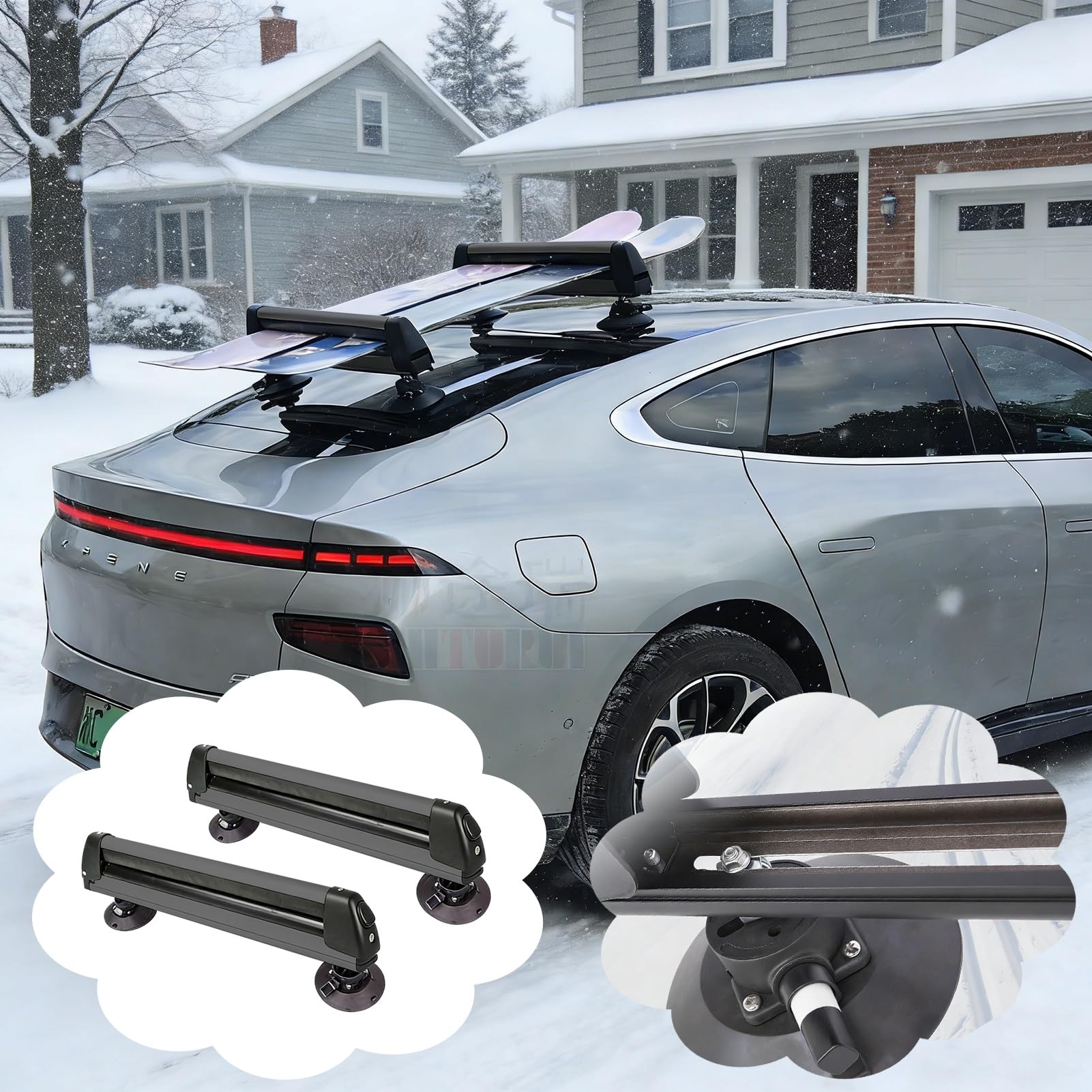 Stojak na Narty Uchwyt na Narty Mocowany na Haku z Regulowanymi Przyssawkami, 2 Zamykane Uniwersalne Uchwyty na Snowboard, Aluminiowy System Organizacji(Black)