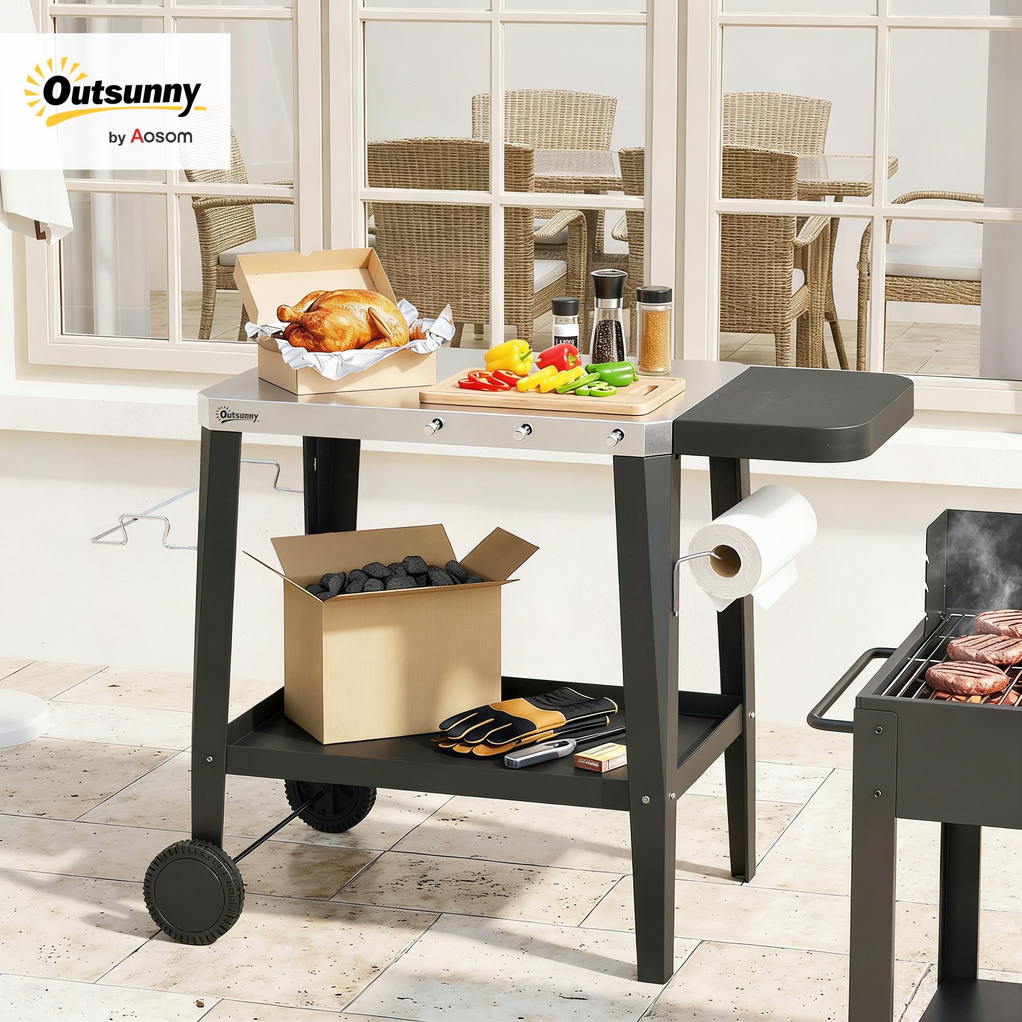 Outsunny Küchenwagen mit Rollen, Servierwagen, Rollwagen mit Haken, Papierrollenhalter, Müllsackständer, Küchenhilfe, BBQ Grilltisch aus Edelstahl Küchentrolley, 115 x 67,5 x 80,5 cm Schwarz