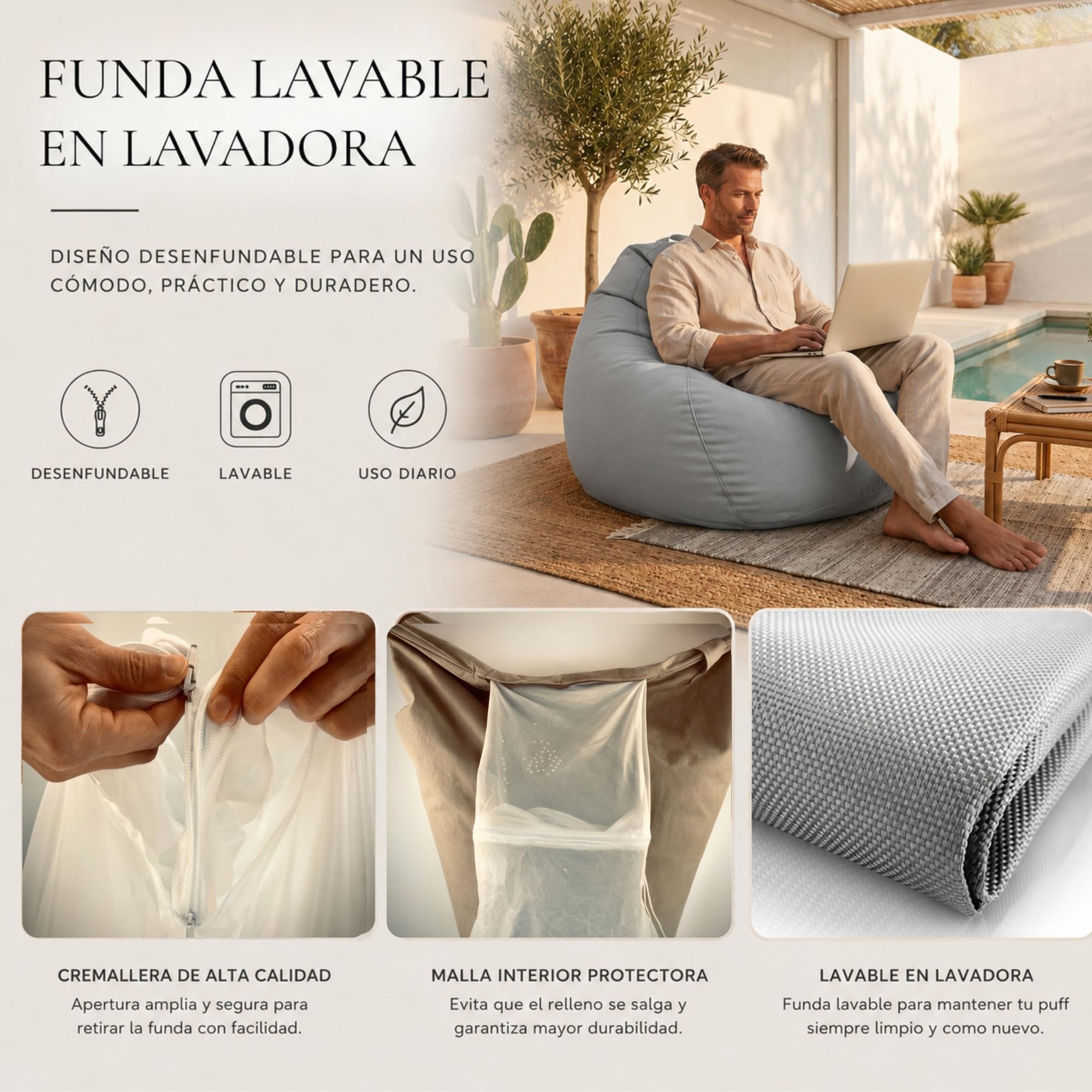 Aiire Sillón Puff Exterior Jardín - Puf con Relleno Incluido para Piscina, Terraza o Porche - Funda Resistente, Desenfundable y Lavable - Bean Bag Chair Exterior e Interior Juvenil o Adultos