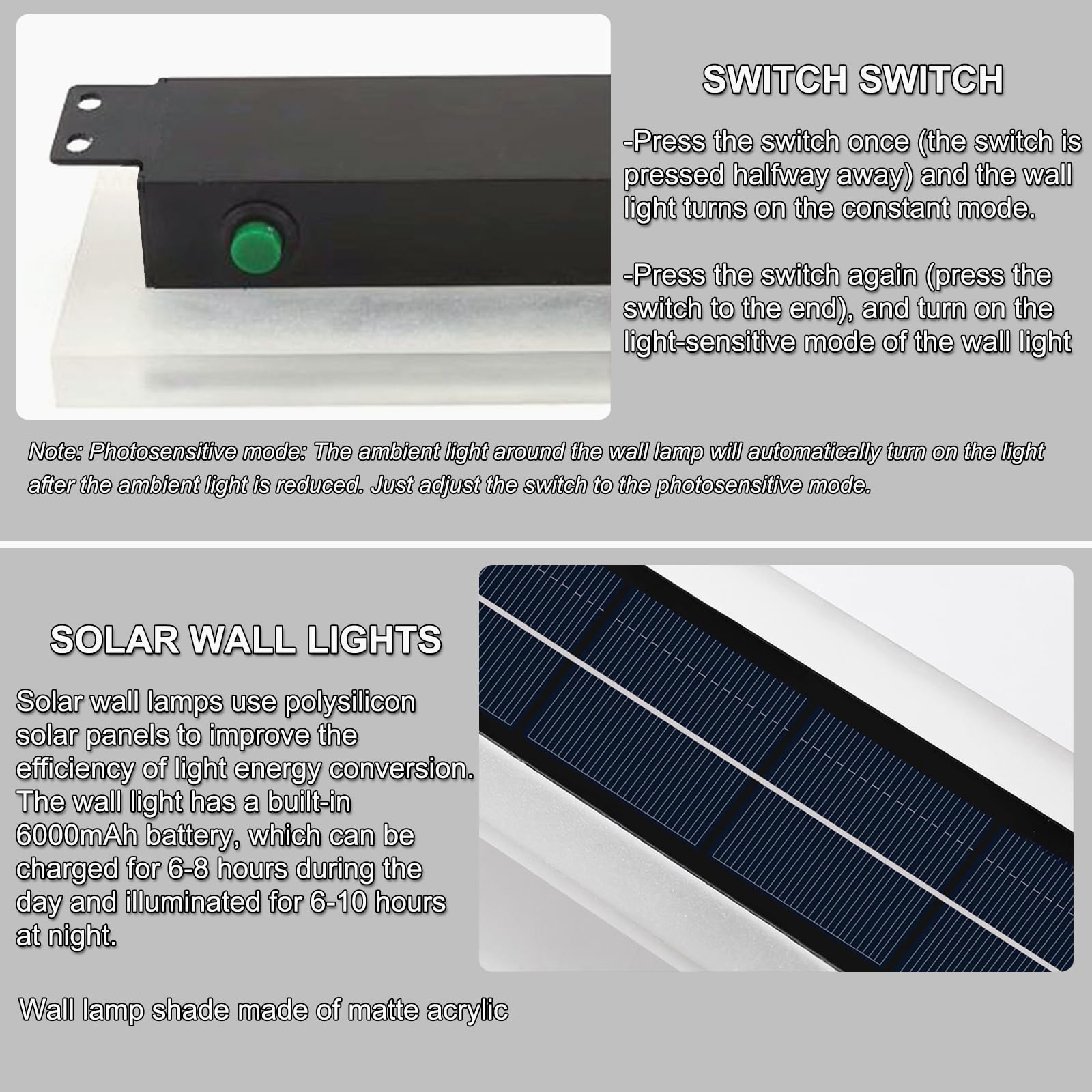 Solar Wandleuchte Aussen 60cm LED Solarlampen für Außen Wand 10W Solarbetrieben Kabellos Lange Außenwandleuchten Wasserdichte Acryl Wandlampe mit Druckknopf Schalter, Warmweiß Lampe