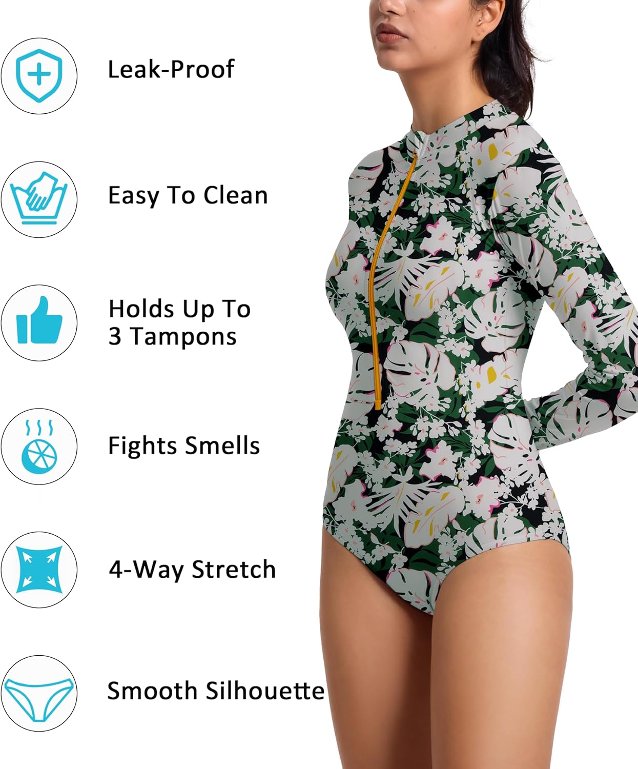 Beautikini Period Swimwear for Teens Long Sleeve One Piece Period Swimsuit UPF50+ Rash Guard Bathing Suit for Girls,Women