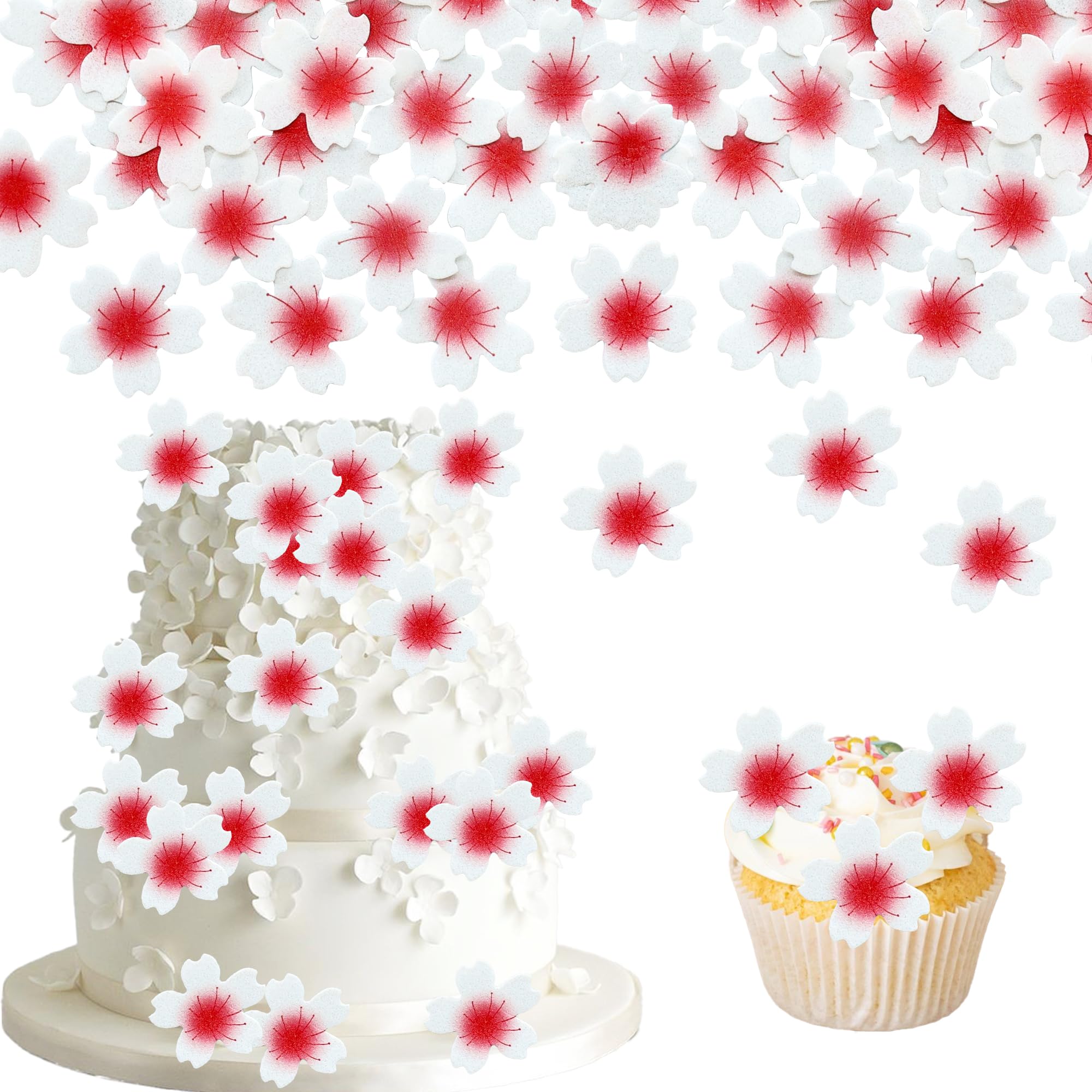 Ephlyn100Pcs Edible Cherry Blossom Cupcake Toppers Edible Wafer Paper Flowers for Spring Bridal Engagement Baby Shower Birthday Party Cupcake Picks Anniversary Party Decorations Supplies