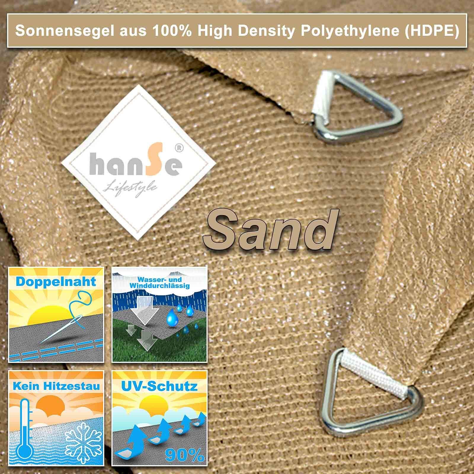 hanSe Sonnensegel quadratisch, Segeltuch Quadrat, 2x2m in Sand, aus HDPE Gewebe, wetterbeständig mit UV Schutz und Sonnenschutz für Garten, Balkon und Terrasse