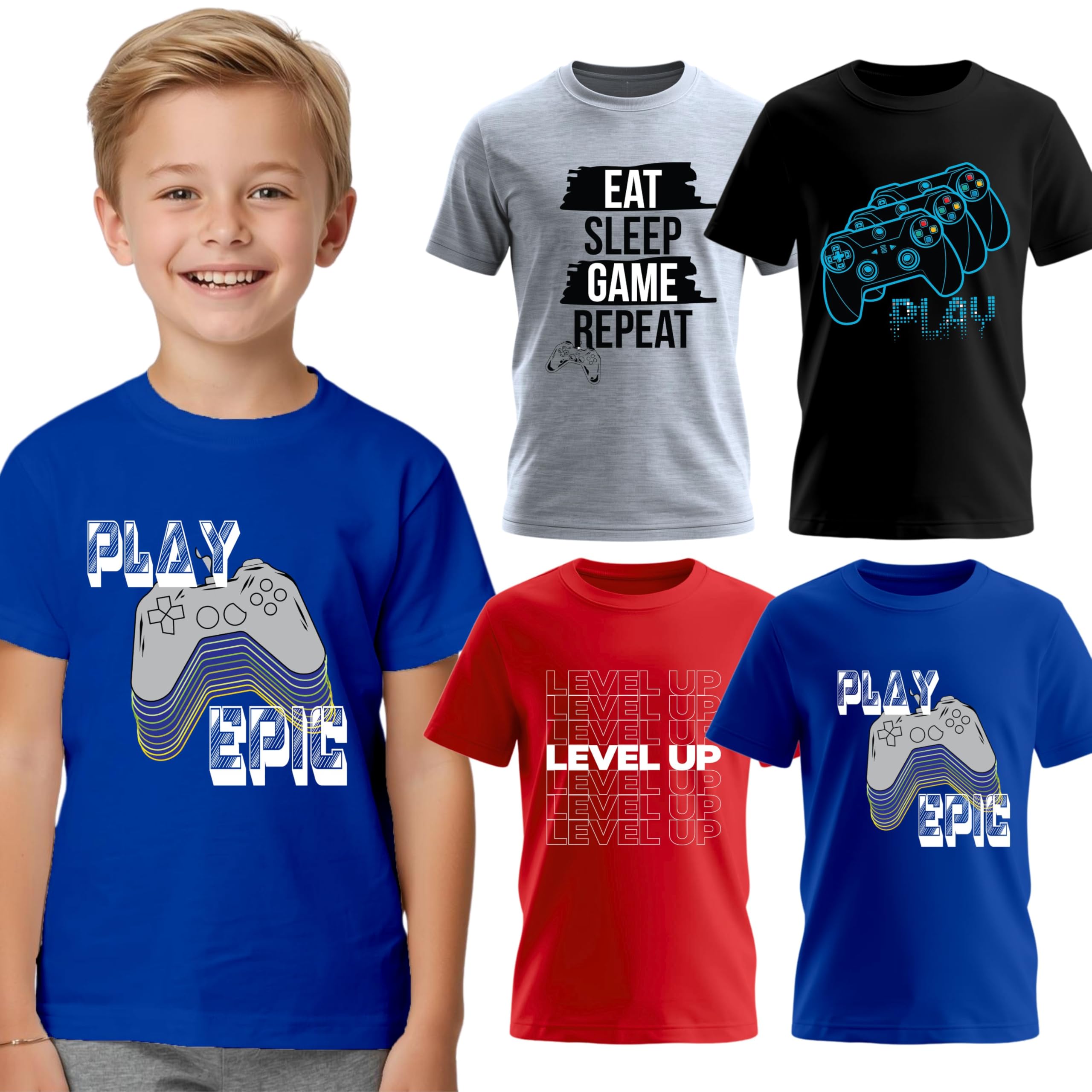 4-Pack Boys Short Sleeve Crew Neck T-Shirt with Chest Print | Soft Cotton Sizes 6-20
