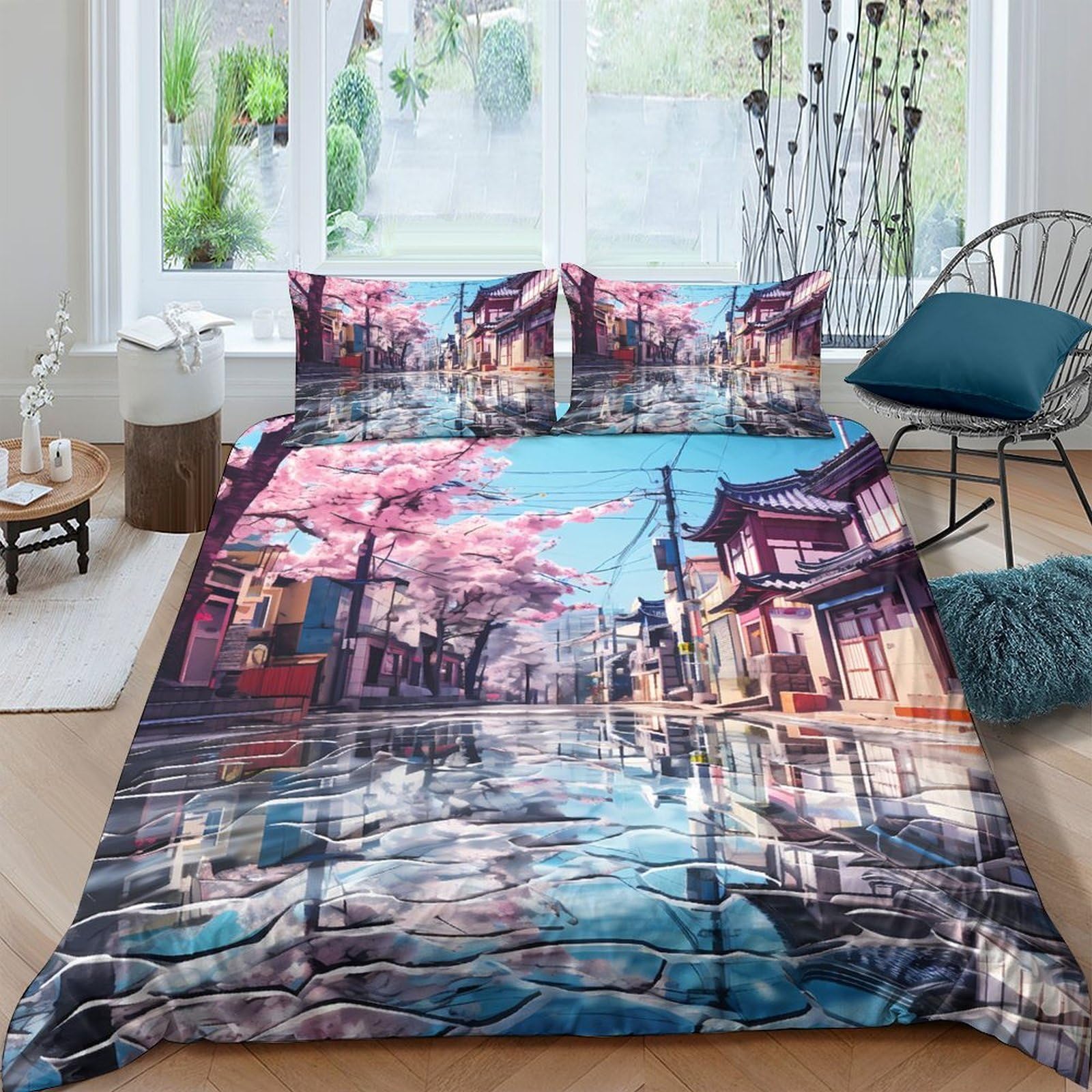 Ctjqhvkz Style-5 3D Printed Sakura Riverside Fitted Sheet Microfiber Soft Anti-Slip Oriental Pagoda Mattress Cover Washable Bedroom Decor Single（135X200cm）