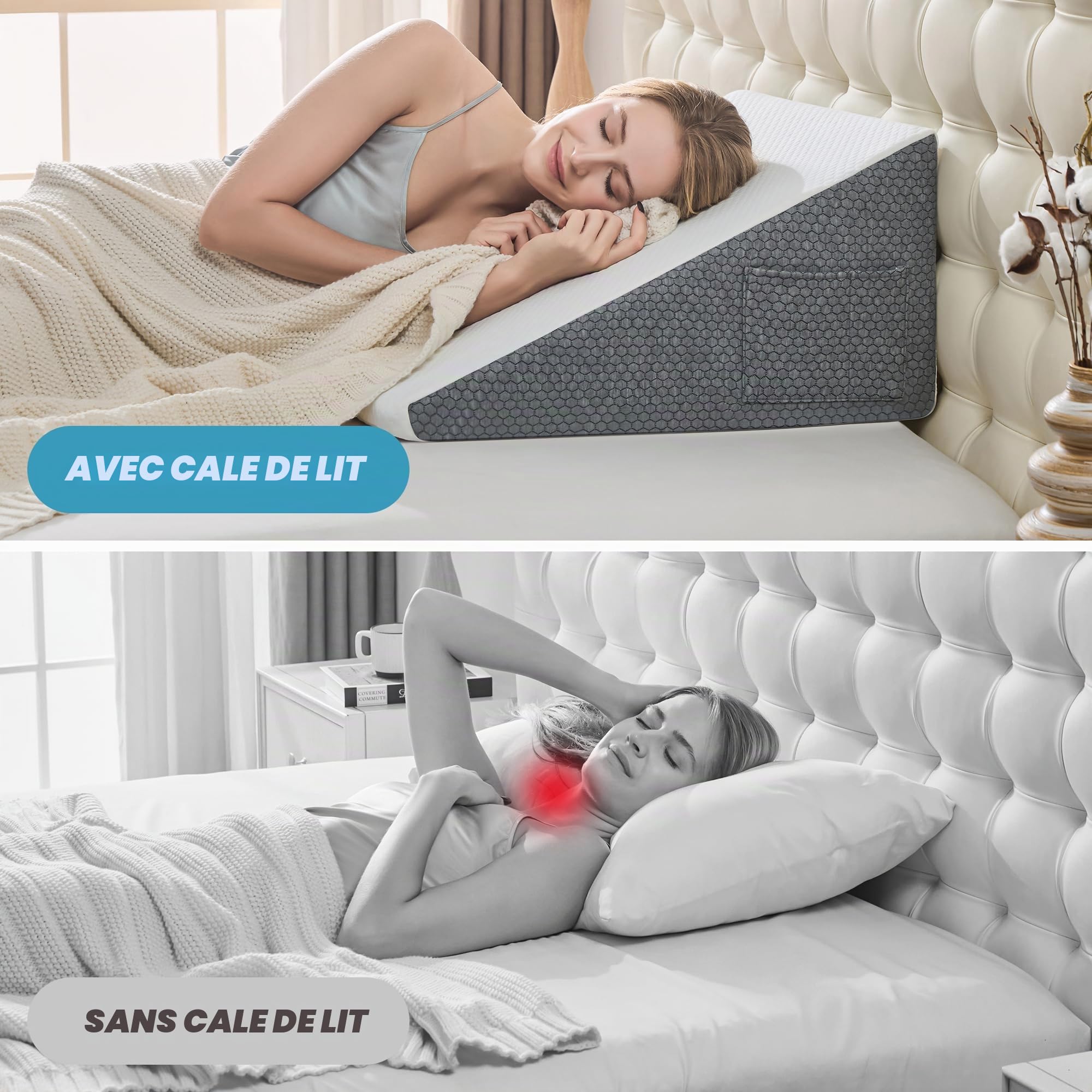 Oreiller de mâchoire pour dormir - Lit de 30,5 cm avec couvre-chef - Oreiller triangulaire - Reflux d'acide à mémoire de forme - RGO - Ronflement - Douleurs dorsales après la chirurgie - Soulèvement
