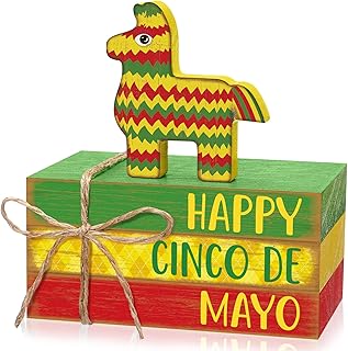 4 Pcs Cinco De Mayo Decorations Wooden Mexican Table Decor Decorative Books Stack Signs Fiesta Tiered Tray Decor Rustic Farmhouse Wood Donkey Piñata Decor for Mexican Festival Home Party Decor