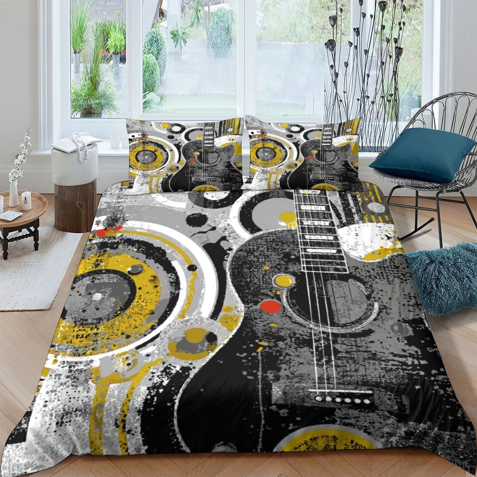 Ctjqhvkz Style-8 3D Printed Black Guitar Fitted Sheet Microfiber Soft Breathable Abstract Music Mattress Cover Yellow Artistic Decor For Bedroom Guest Room Single（135X200cm）