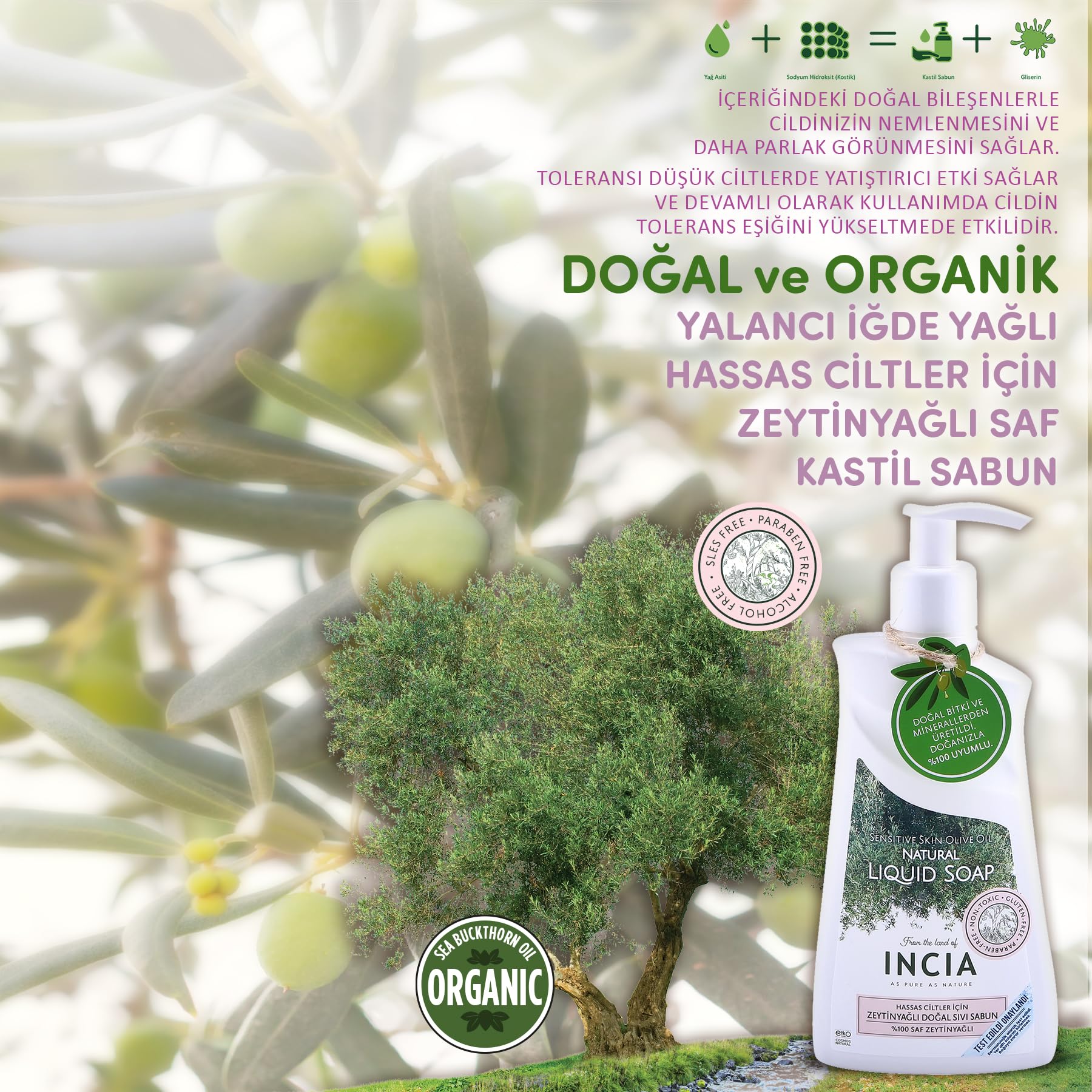 INCIA%100 Doğal Sıvı Kastil Sabunu Hassas Ciltler İçin Zeytinyağlı 10 Bitkisel Değerli Yağ Vegan 250 ml