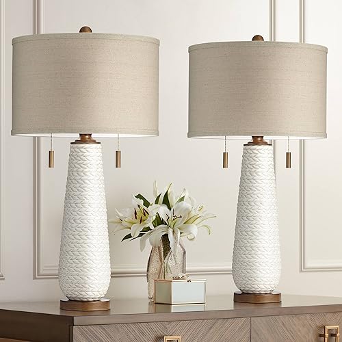 Possini Euro Design Kingston - Juego de 2 lámparas de mesa modernas de mediados de siglo de 32 34 pulgadas de alto color blanco texturizado pantalla