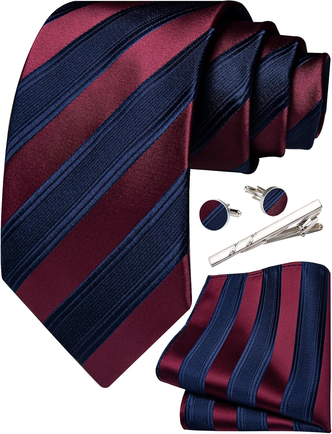 Mens Striped Tie and Pocket Square Set Silk Necktie Handkerchief Cufflinks Tie Clip Business Formal