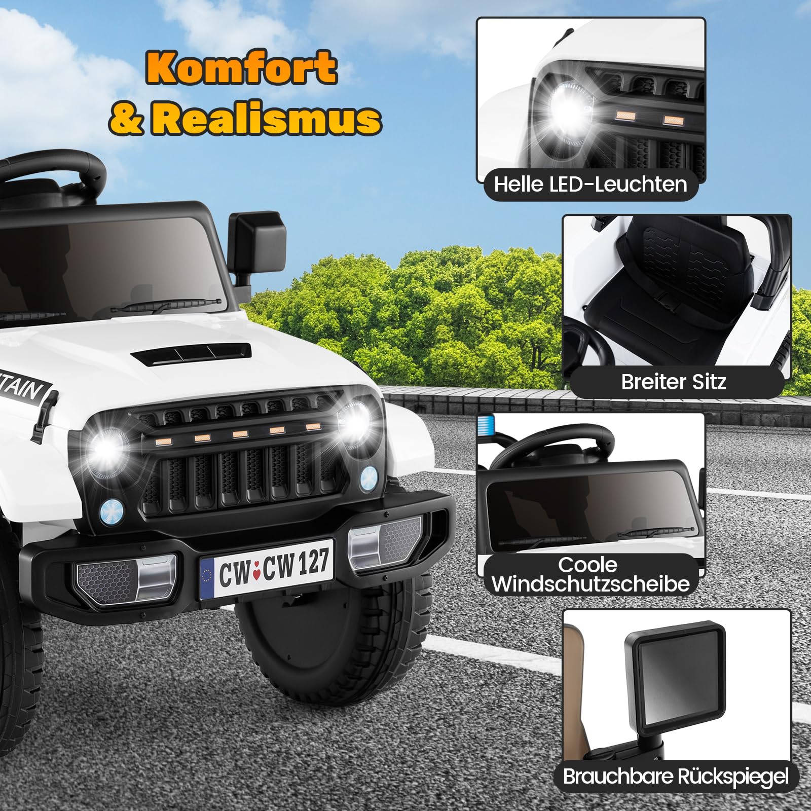COSTWAY Elektryczny samochód dla dzieci, 12 V, elektryczny samochód dziecięcy z pilotem zdalnego sterowania, reflektorami LED, muzyką i USB, pojazd elektryczny dla dzieci od 3 lat (biały)