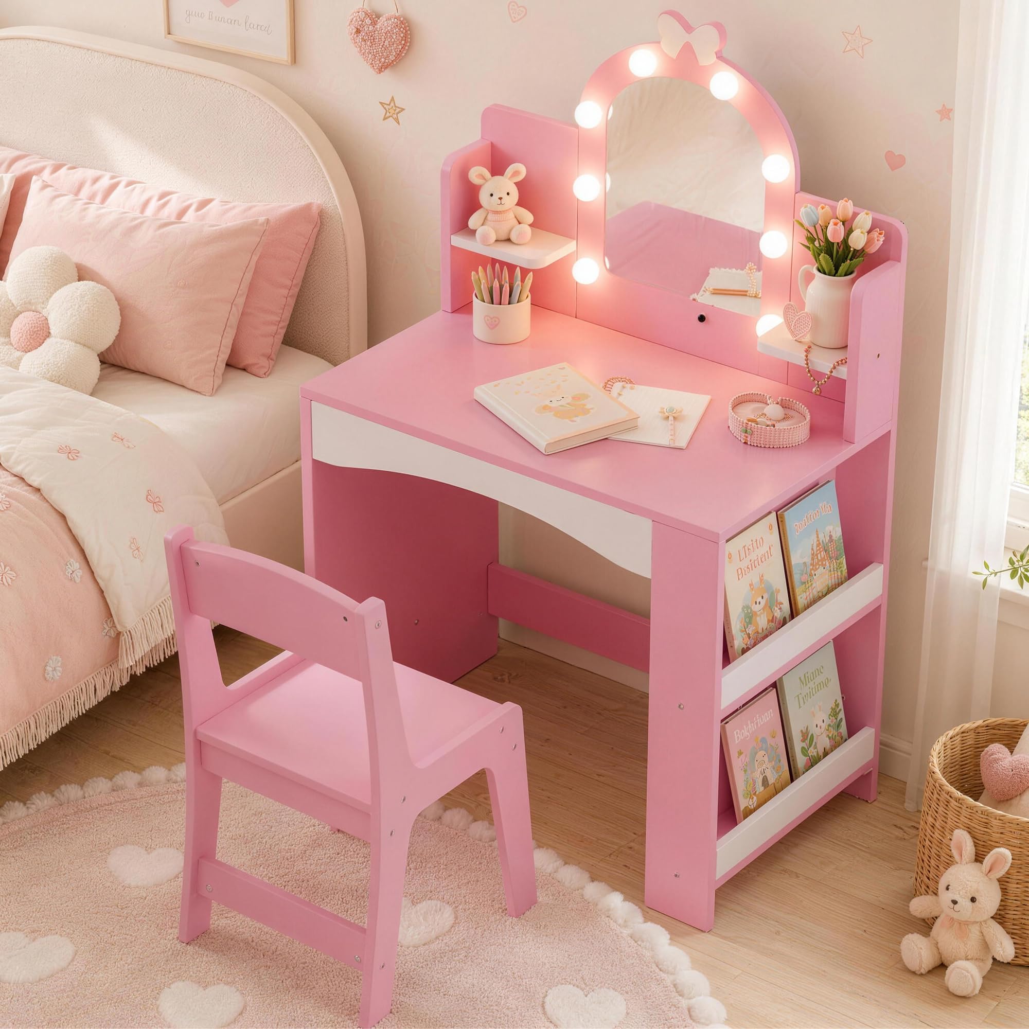 Xilingol Kids Vanity Table and Stool Set,Princess Makeup Vanity Table,Children Study Desk with 2-Color Lights Mirror,Bookshelf& Storage Shelves,Pretend Play Dressing Table Set for Little Girl — image 1