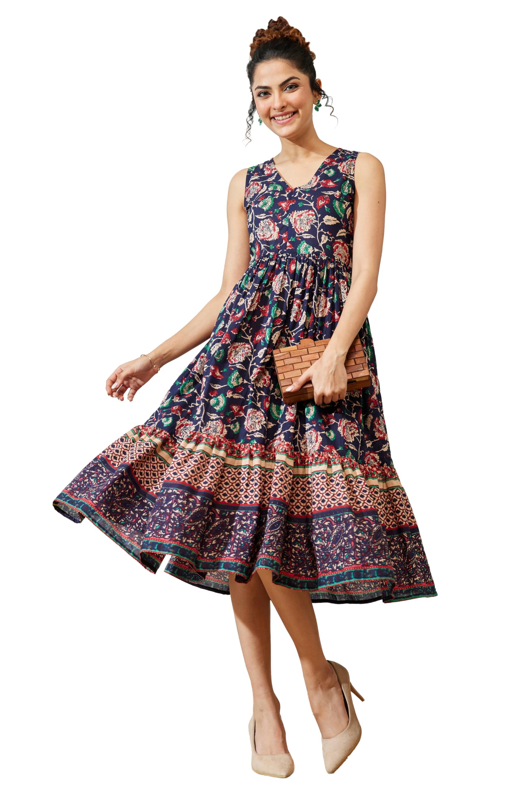 janasya Women's Navy Blue Pure Cotton Floral Prinrted Fit & Flared Dress-picture-42