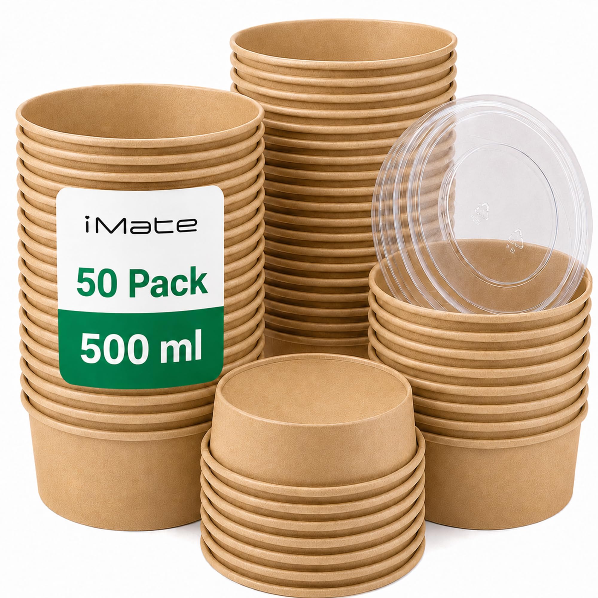 iMate 500ml Kraft Paper Bowls with Lids, Leak Resistant Takeaway, 50 Pack