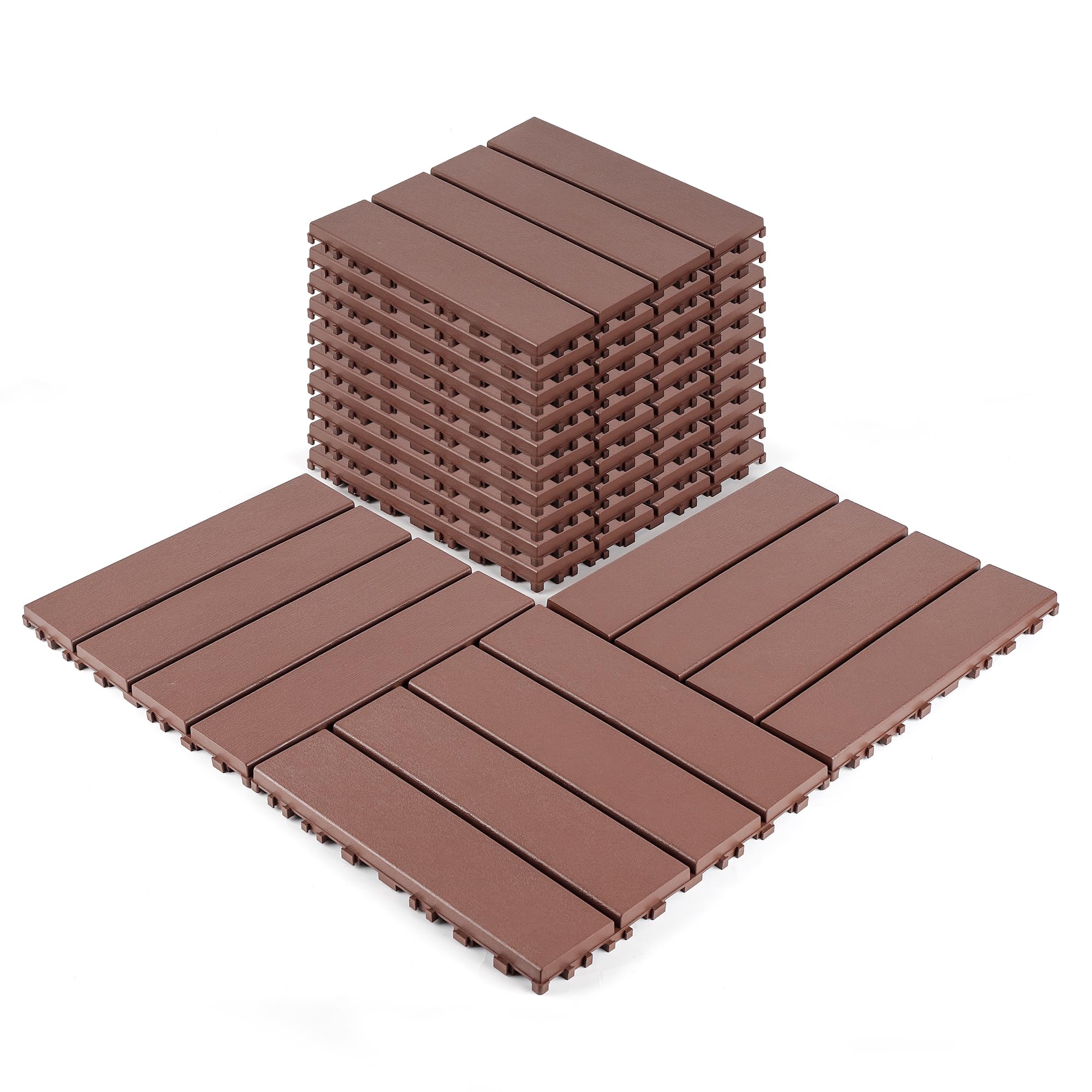 Interlocking Deck Tiles, Patio Flooring - Outdoor Waterproof Plastic Deck Tiles for All Weather Use - Balcony, Backyard, Indoor & Outdoor (Red Brown, 44 Square Ft)