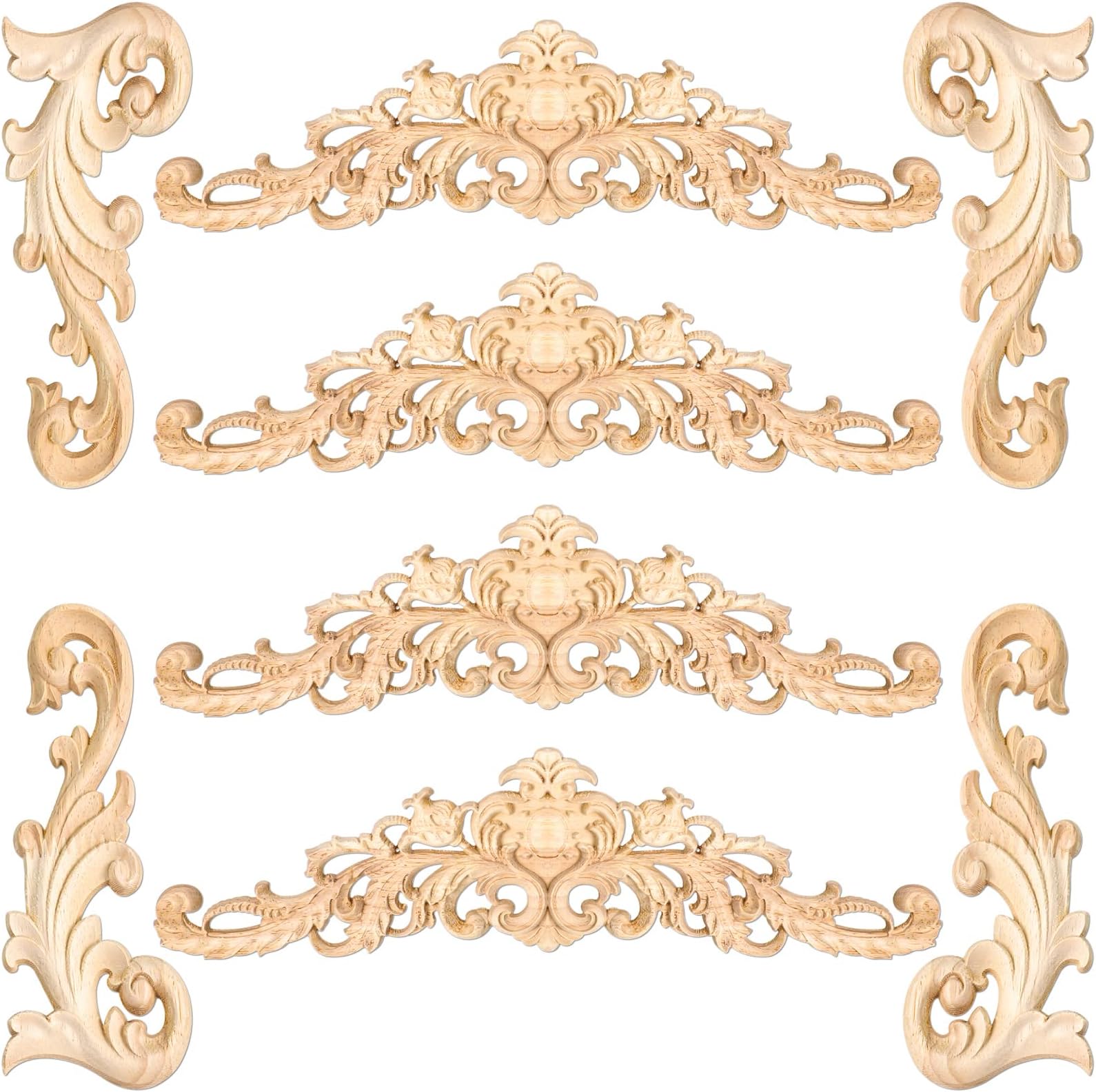 8 Pcs Wood Appliques Decorative and Onlays for Furniture Carved Onlays DIY Decorative Long Wood Carving Appliques for Door Decor, 2 Sizes
