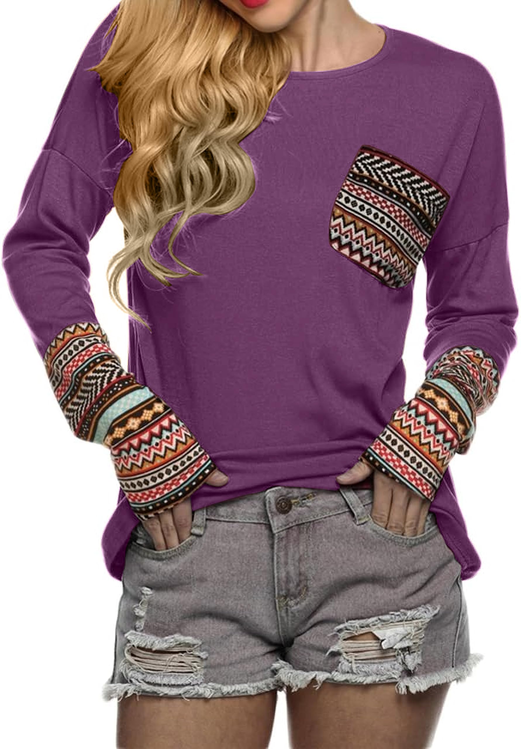 POGTMM Women's Fall Long Sleeve Tops O-Neck Patchwork Basic T-Shirts Blouse Tunic Tops with Thumb Holes