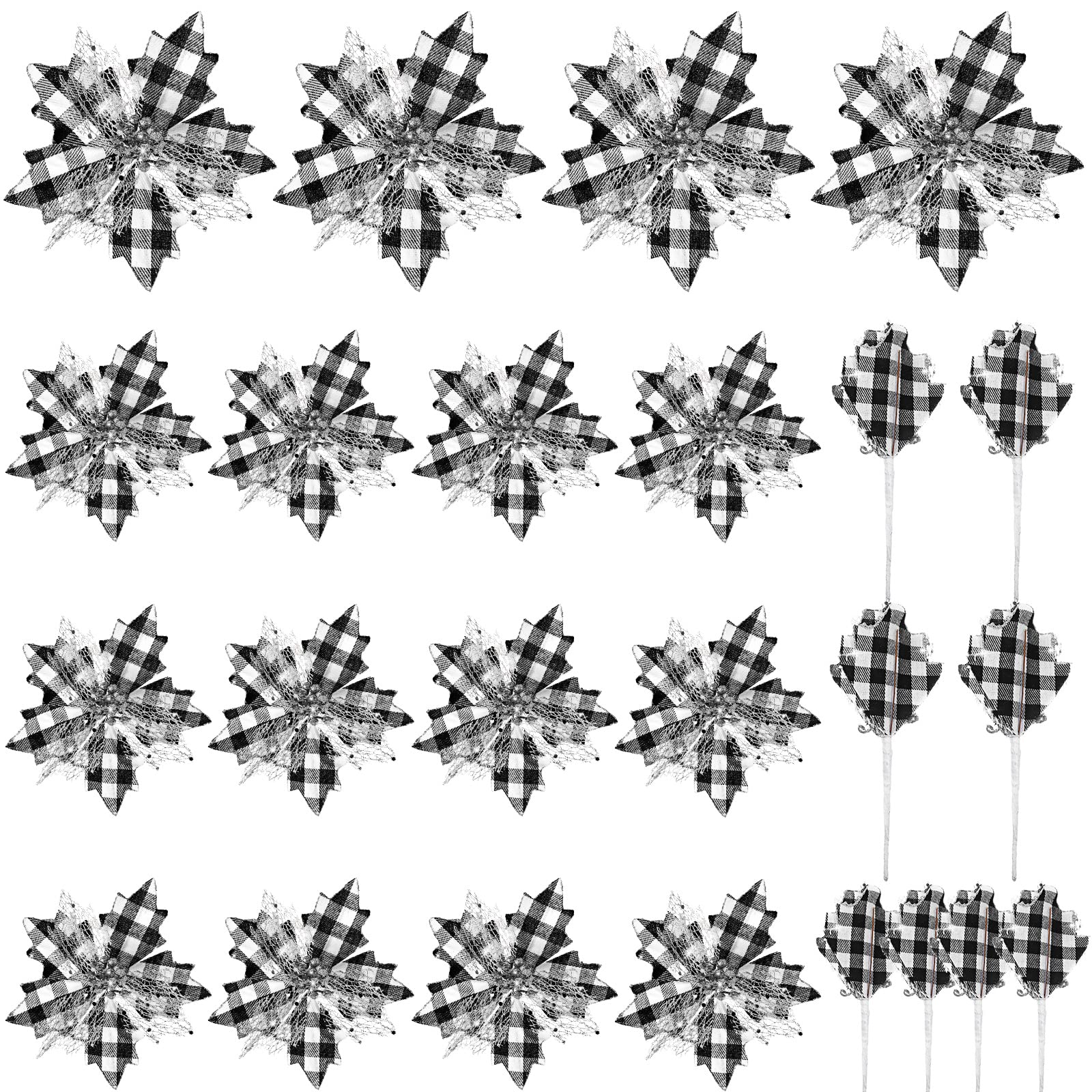 Photo 1 of 24 Pieces Christmas Artificial Glitter Flowers Christmas Tree Ornaments Glitter Faux Christmas Flowers,6.7 Inches/ 4.7 Inches for Holiday Wedding Party Wreaths Garland (White, Black, Plaid Style)