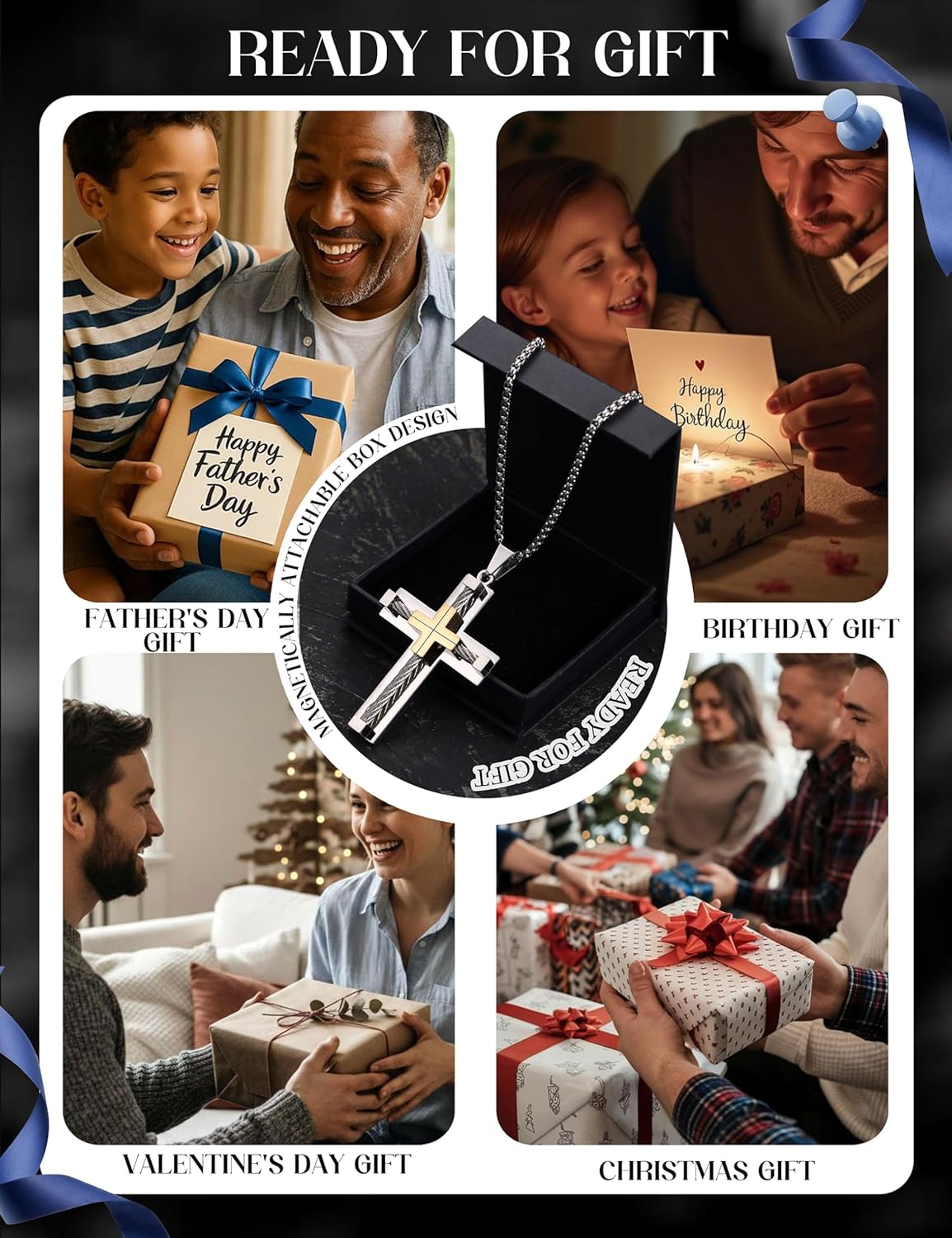 sailimue Cross Necklace for Men Stainless Steel Cross Pendant Necklace Silver Black 14K Gold Plated Unique Square Rolo Chain Crucifix Necklaces Religious Christian Jewelry Gifts for Men 22 24 Inches