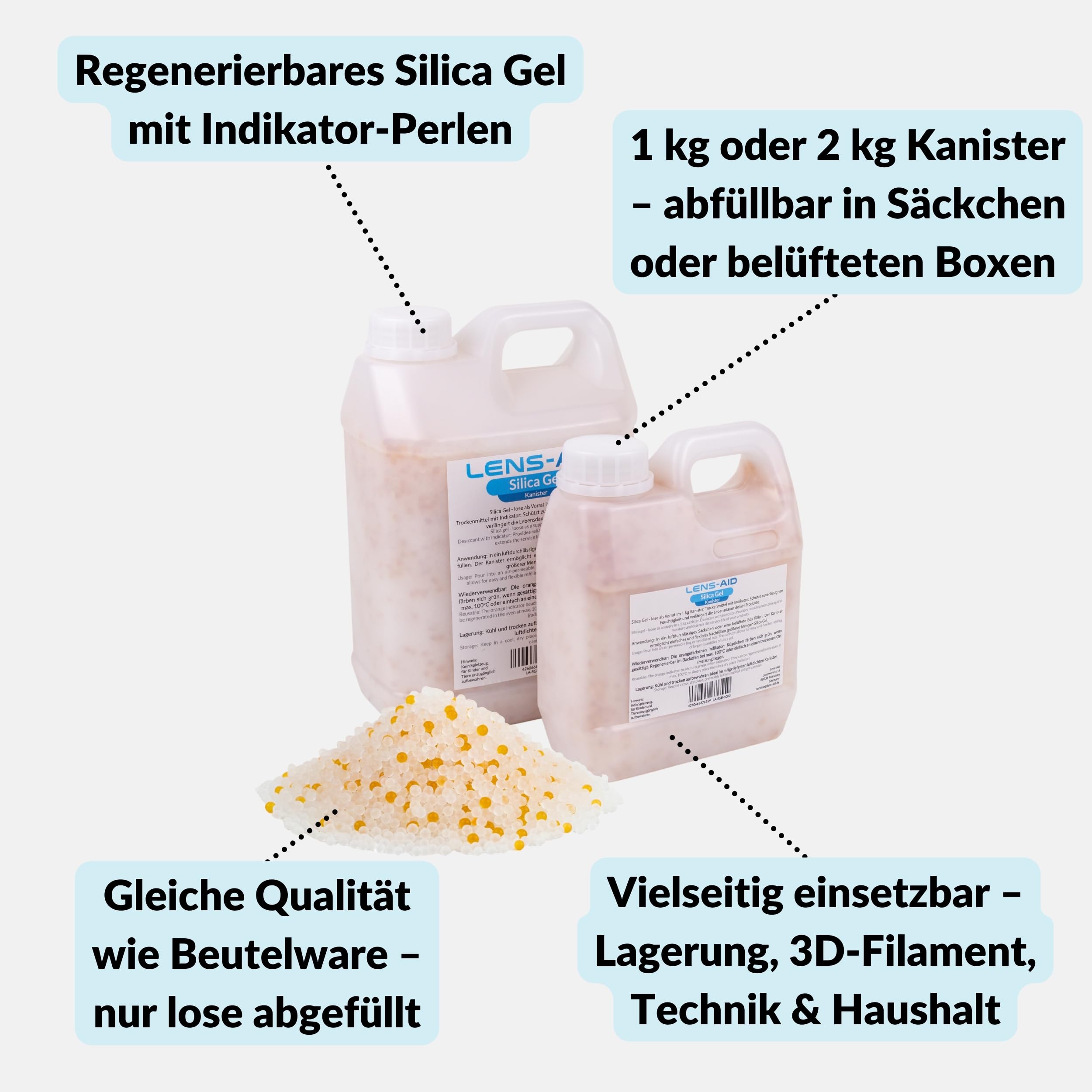 Lens-Aid Silica Gel 2kg Großbehälter – regenerierbare Trockenmittel-Perlen mit Farbindikator Orange Grün – Feuchtigkeitskontrolle für 3D-Filament, Auto, Kameratasche, Kleiderschrank