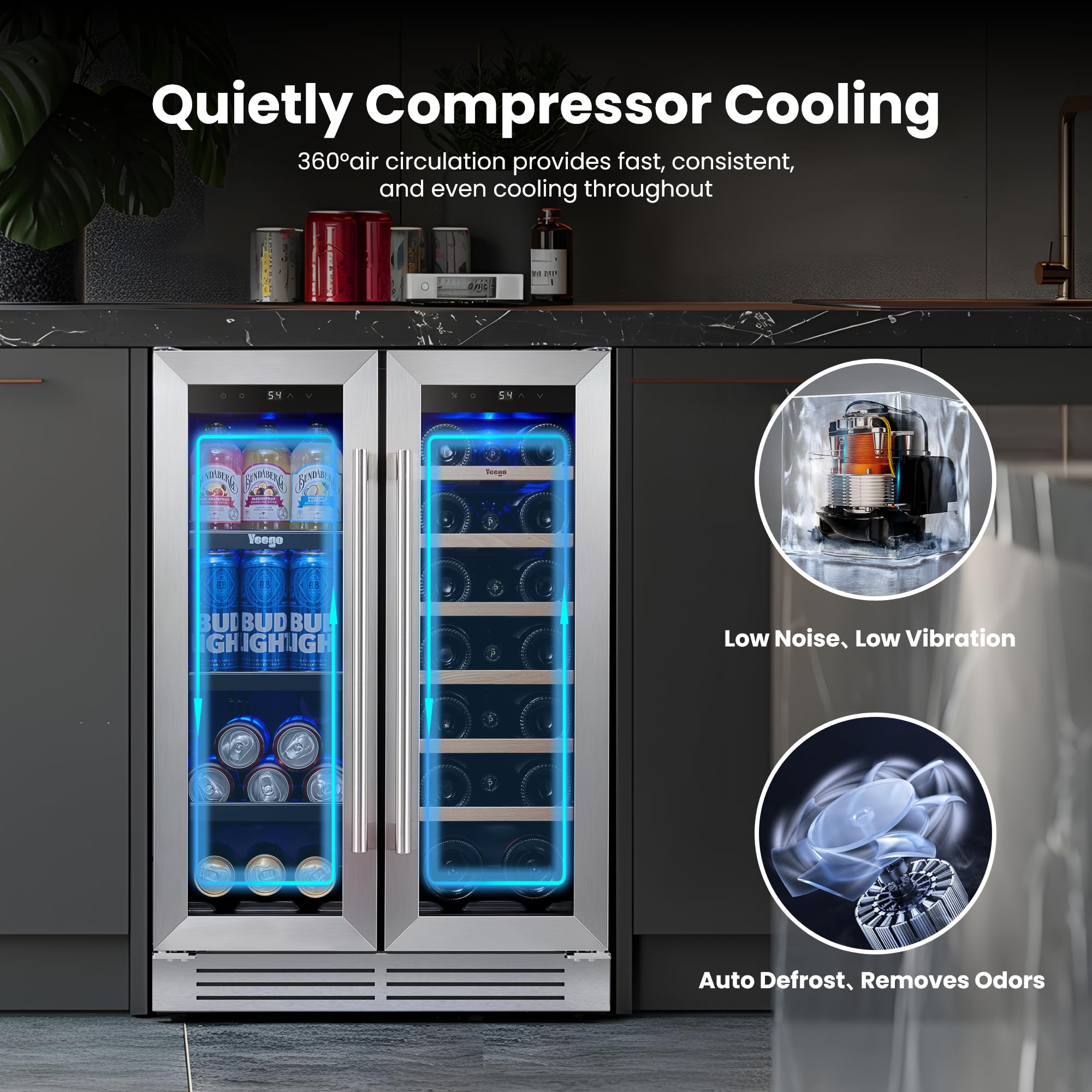 YEEGO Wine And Beverage Refrigerator, 24 Inch Dual Zone Wine Fridge With Glass Door, 36-72℉ Beer Cooler Holds 20 Bottles And 60 Cans, Built-In Or Freestanding Beverage Cooler For Home Bar Office on Fridge.com - View 3