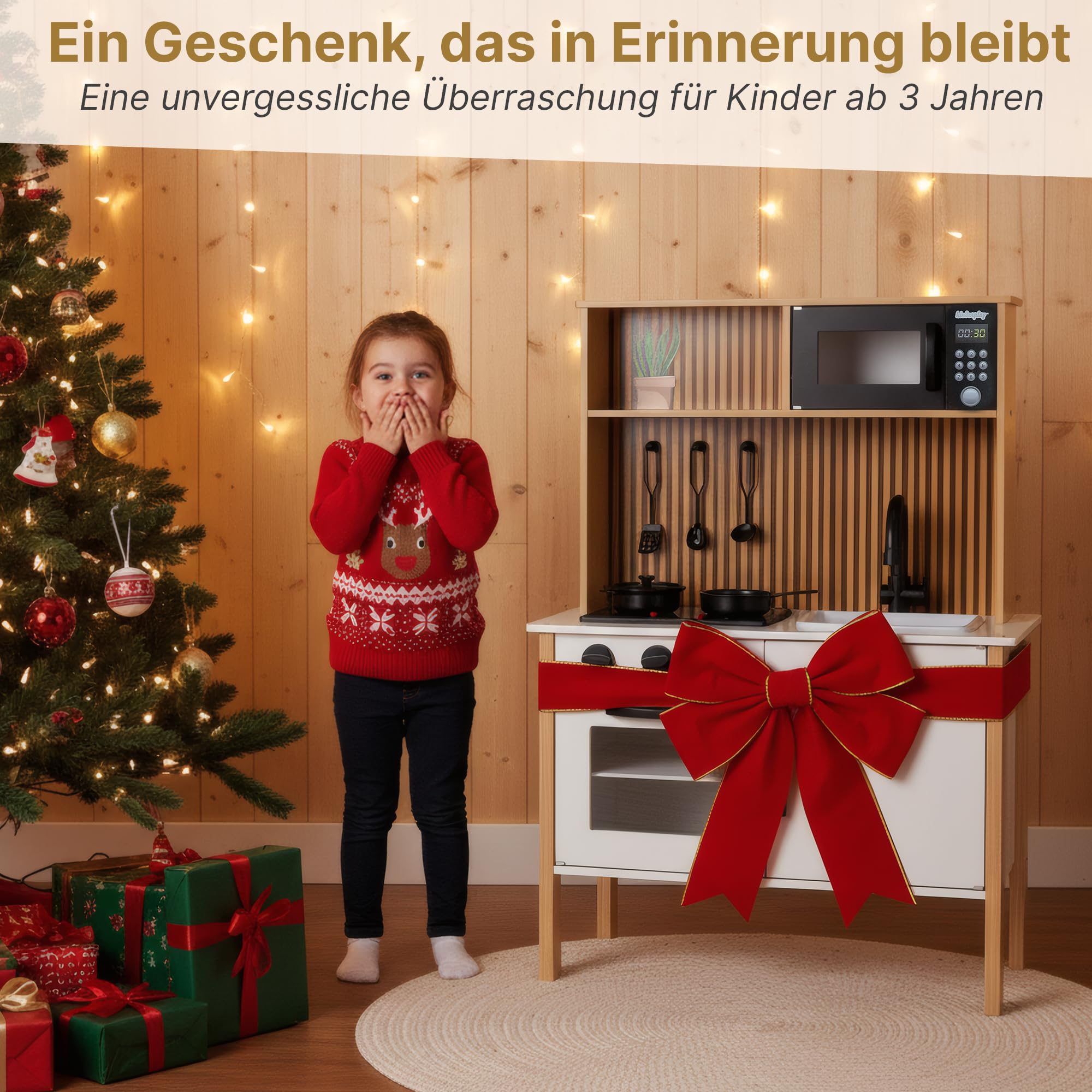 Kinderküche aus Holz mit Licht & Sound – Spielküche mit Zubehör, Herd, Backofen, Spüle, Mikrowelle – Moderne Holzküche für Kinder ab 3 Jahren, GS0070