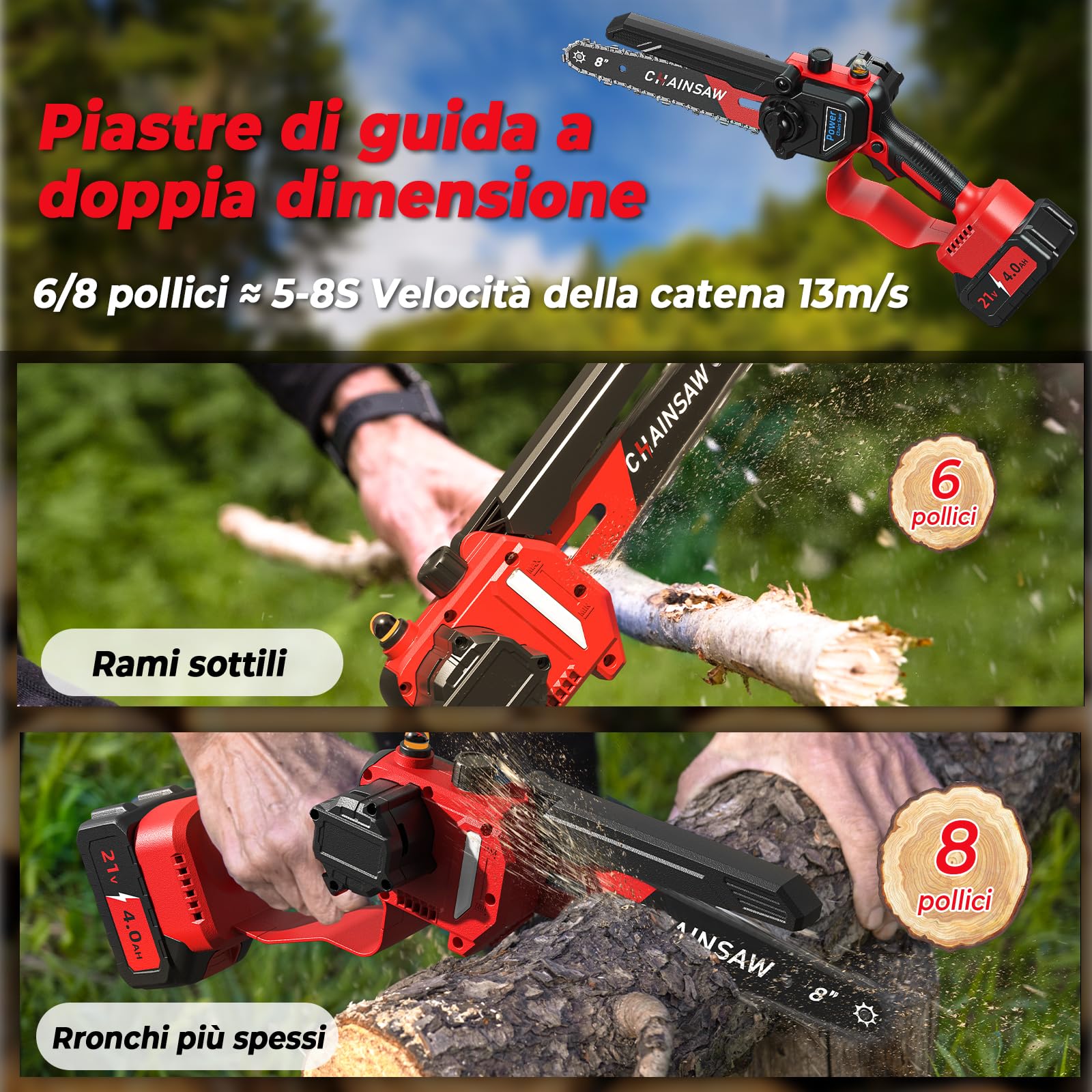 Blushless Mini Motosega a Batteria 6/8 Pollici, 1300W Mini Motosega Elettrica con 8000mAh Batterie, Sega a Batteria per Potatura, il Taglio Del Legno e Giardini, Elettrosega Compatibile con Makita 18V