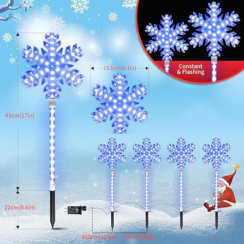 Miniatura 7 de Juego de 8 estacas decorativas de copo de nieve de Navidad preiluminadas para camino, patio, césped, jardín, luces de copo de nieve de Navidad al