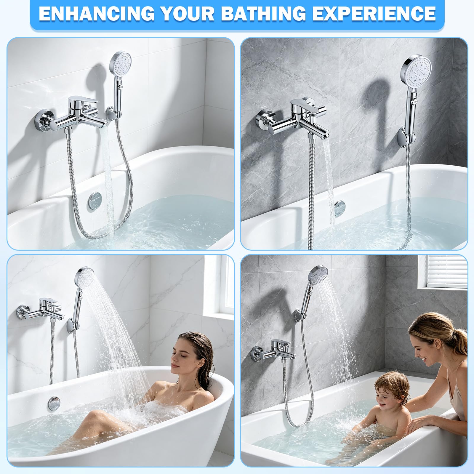 Badewannenarmatur mit Handbrause Wasserhahn Badewanne inkl. Brauseschlauch und Halterung Mischbatterie Badewanne Wandmontage für Bad Chrom