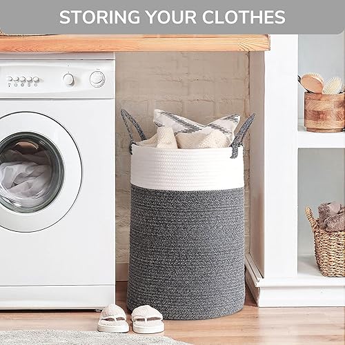 Miniatura 9 de INDRESSME Cesta de lavandería, cesta de almacenamiento de manta de 60 L, cesta de lavandería tejida para ropa, cesta de lavandería de cuerda para